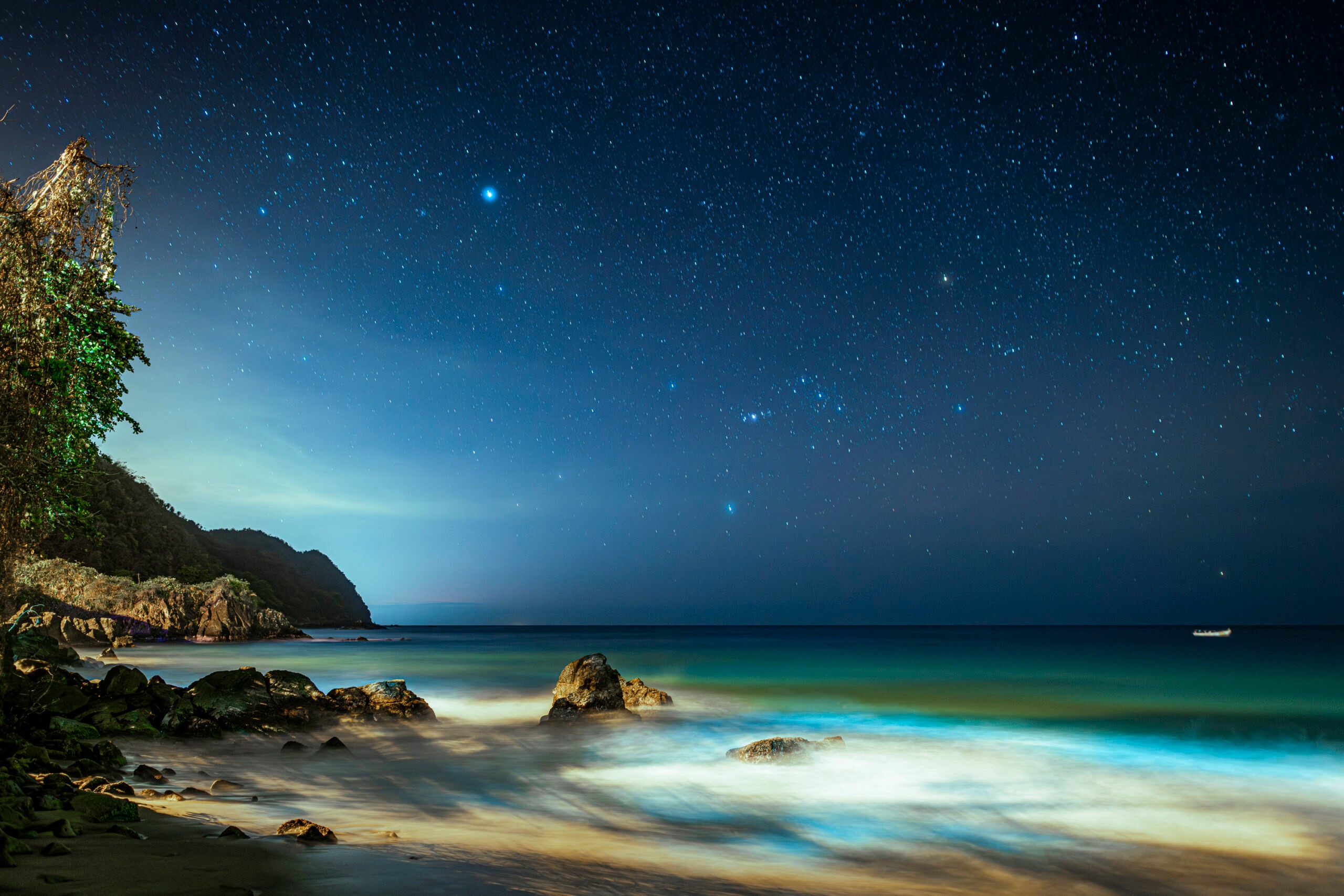 Waves, lit with bioluminescence, lap onto Castara beach at night under a sky full of stars on the Caribbean island of Tobago./Getty Images