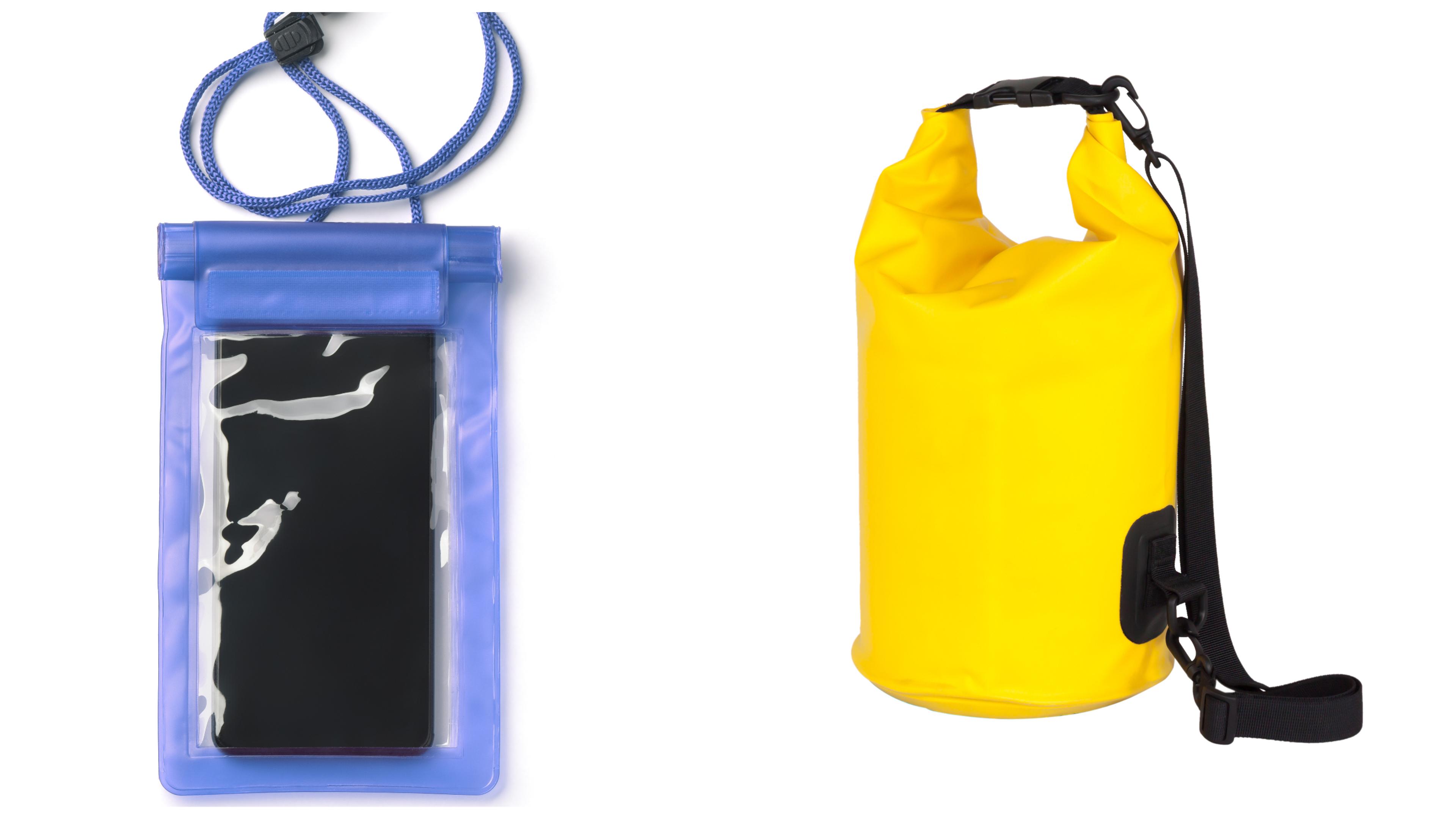 A pouch for your smartphone, left, protects it from water and sand; a dry bag can protect cameras and lenses from the same./Shutterstock
