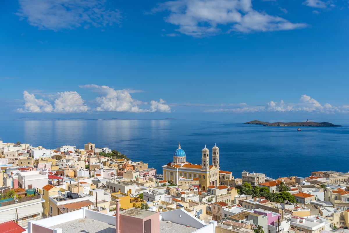 Ermoupoli, the capital of Syros, is a jumble of gracious neoclassical and Venetian houses in pastel colors./Shutterstock