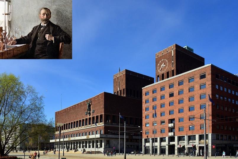 Oslo City Hall is in the center of this Norwegian city. This is where the Nobel Prize, named for Alfred Nobel (upper left), is awarded.