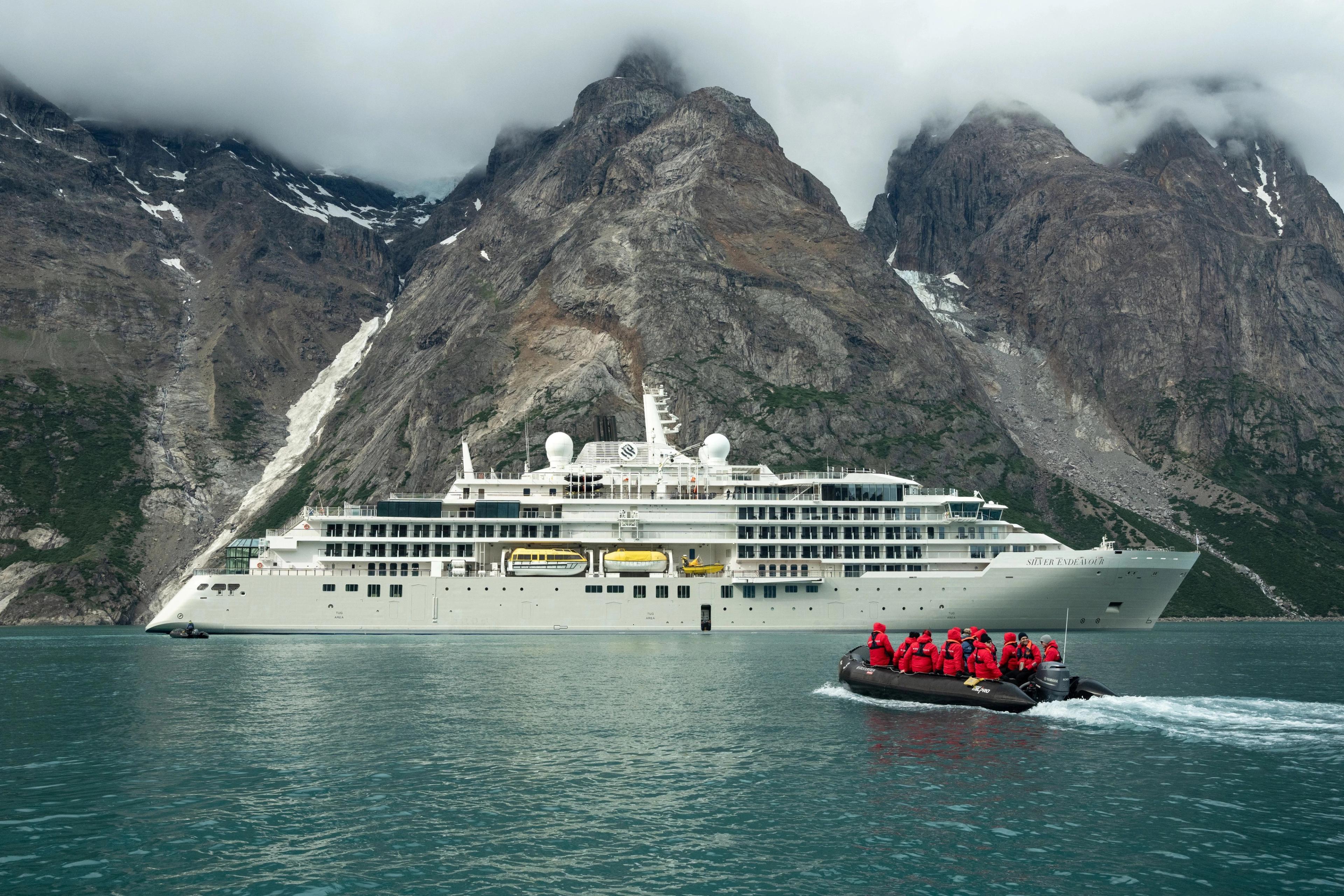 Silver Endeavour anchored in the dramatic Evighed Fjord in Greenland.