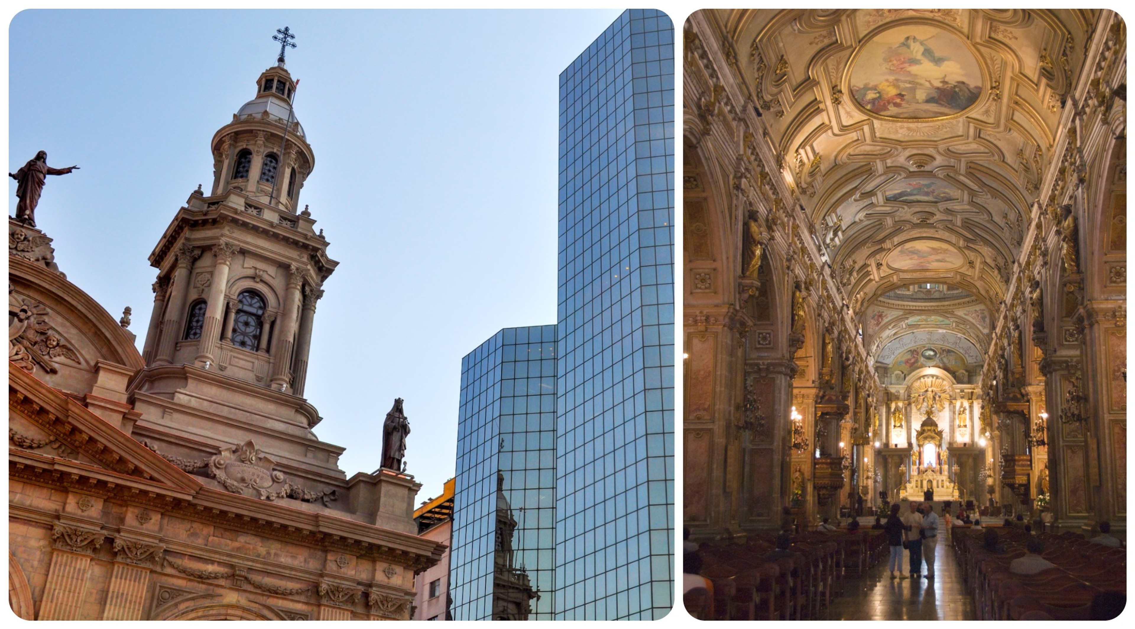 The Cathedral of Santiago contrasts with its neighboring structure. At right a nave inside the cathedral./Getty Images
