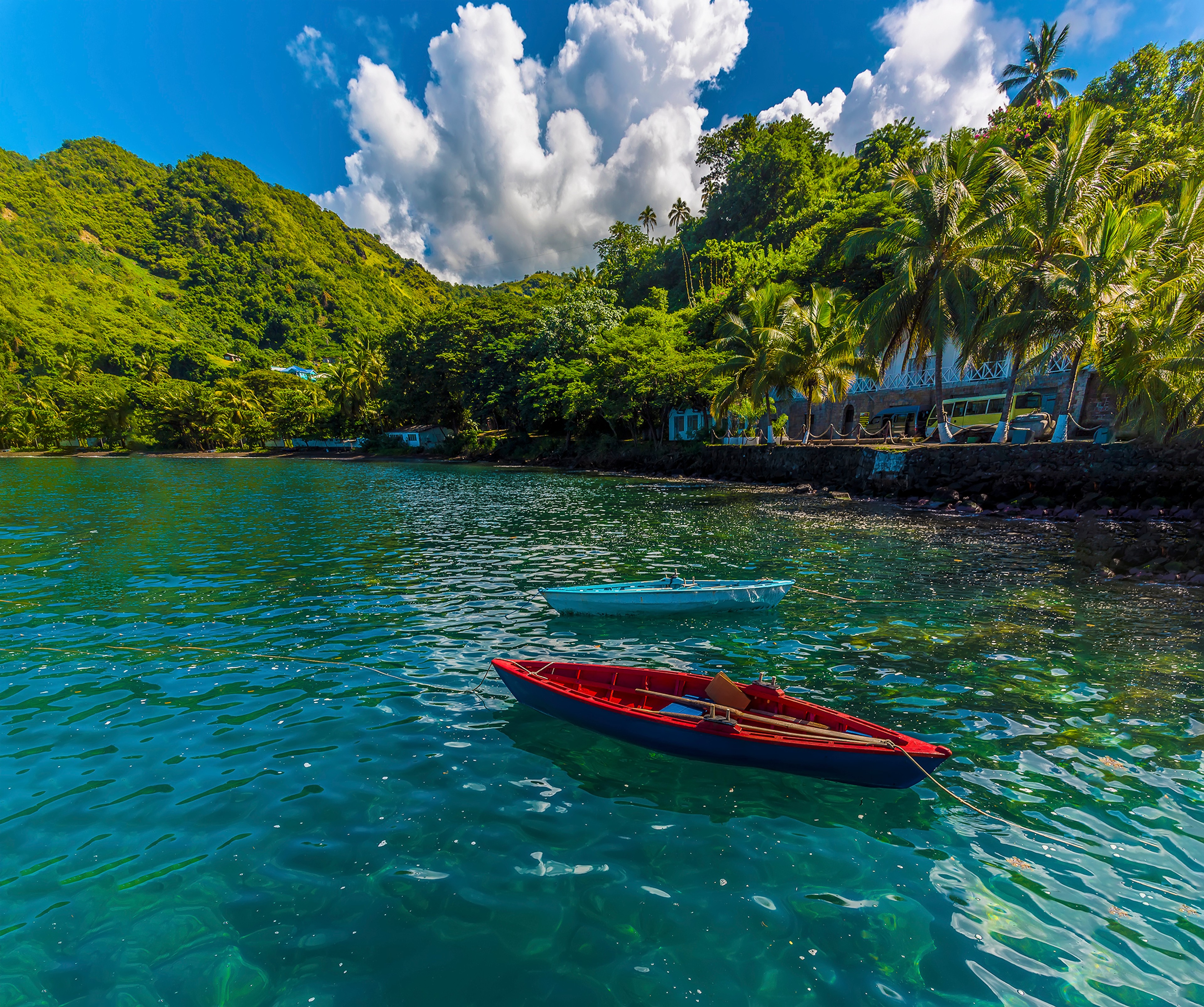 A view of small boats moored at Wallilabou Anchorage, Saint Vincent/Shutterstock.