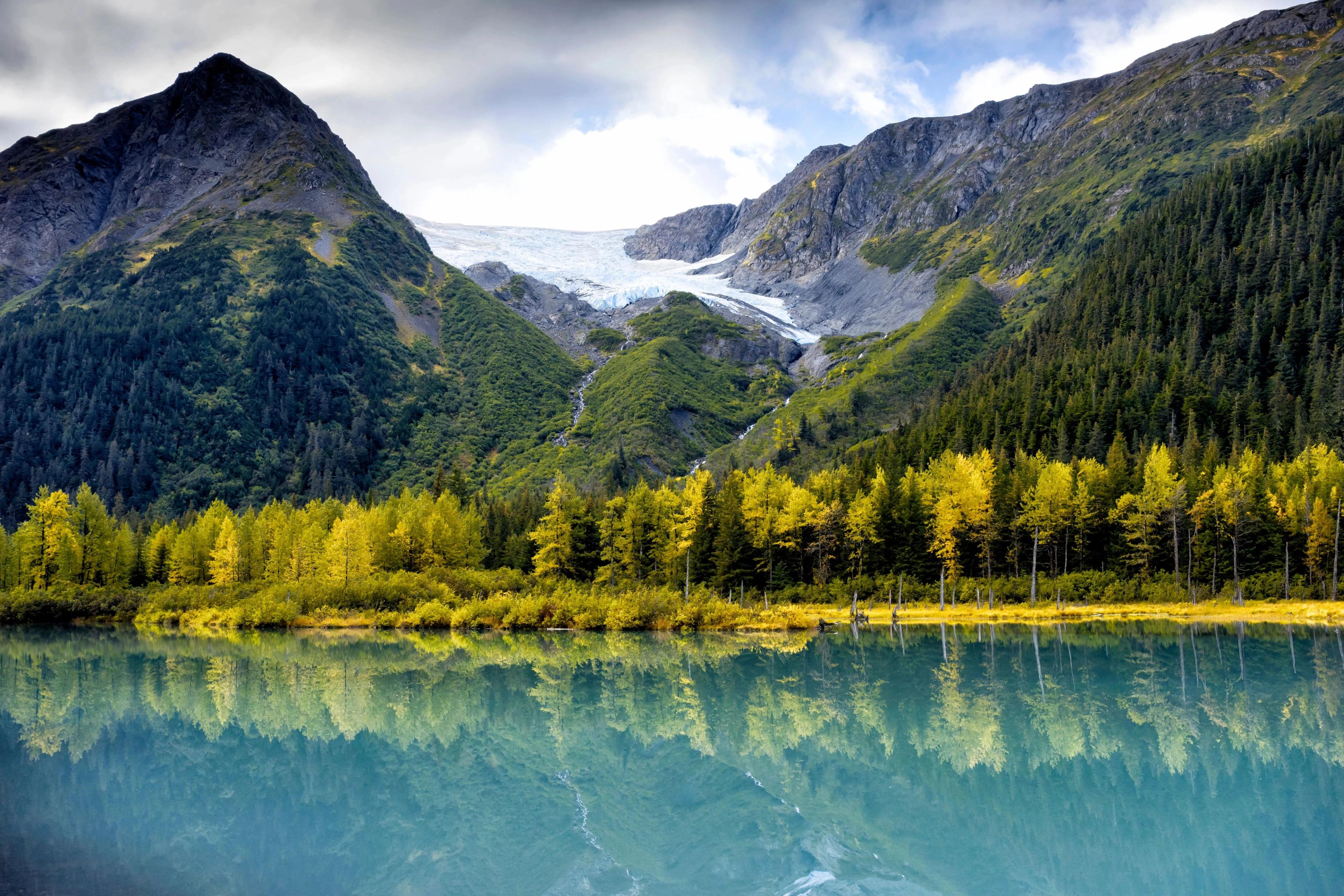 The Explorer Glacier and Explorer Pond, located in the Portage Valley area, are a popular scenic spot for a day trip from Anchorage.