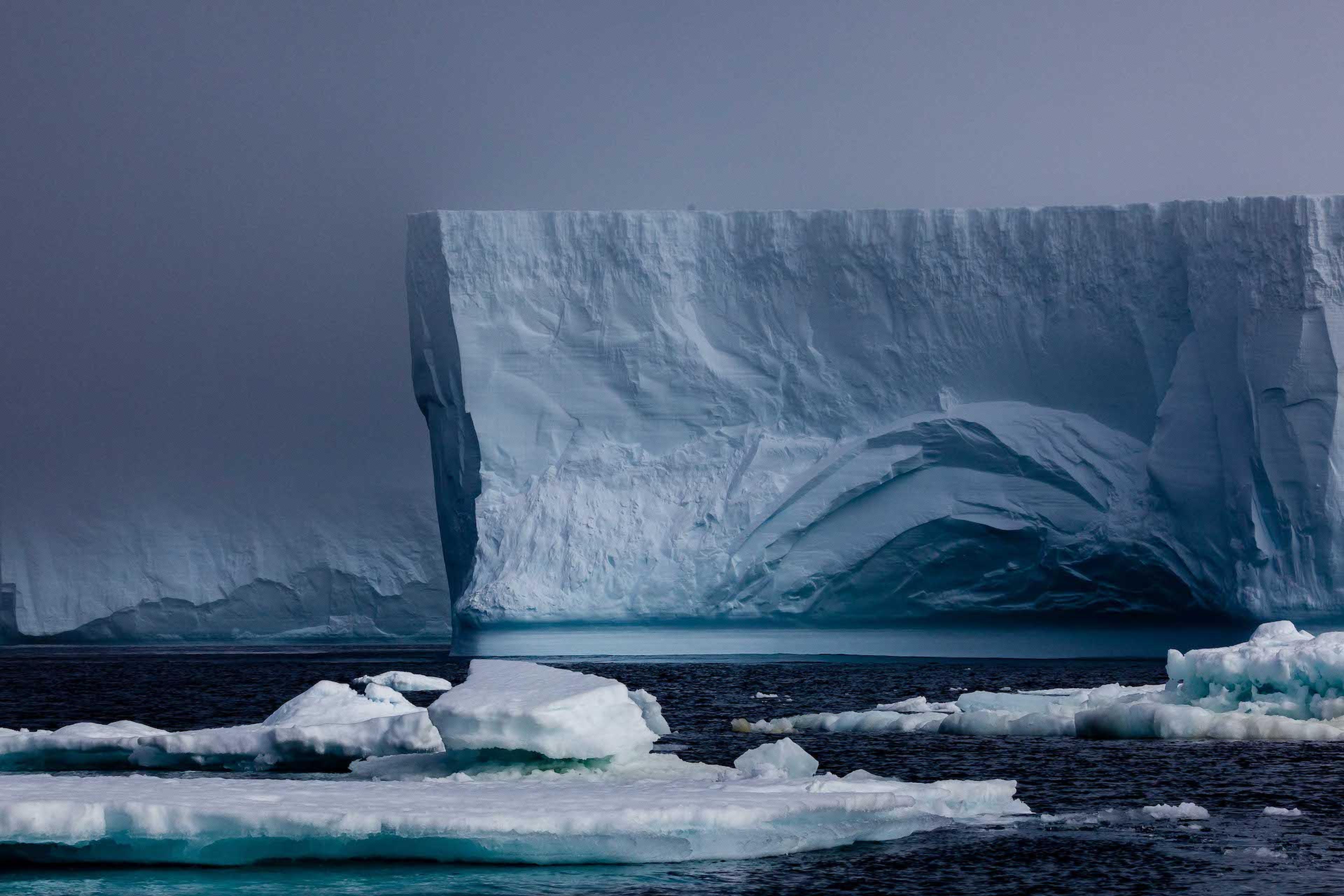 In the Antarctic Sound, a massive tabular iceberg seen in the background contrasts significantly with the thinner sea ice in the foreground/David Jaffe