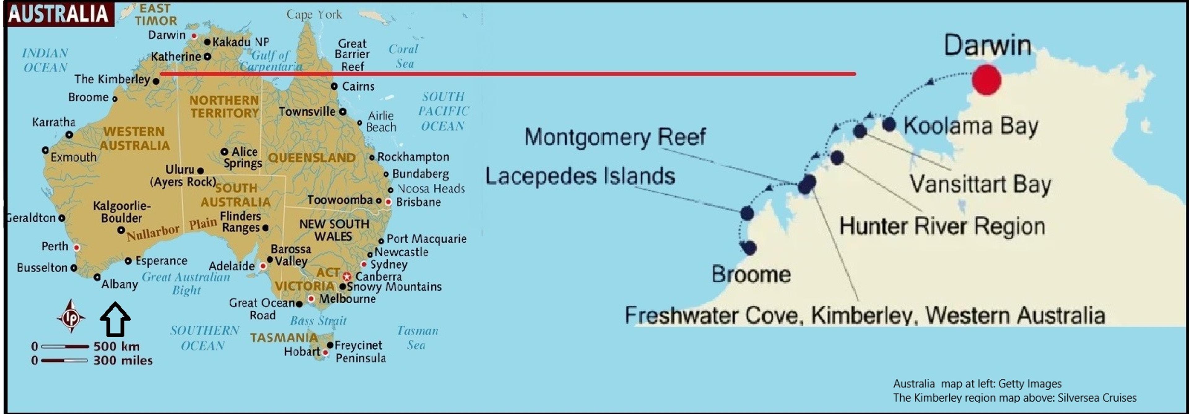 Large map by Silversea; smaller map by Getty Images