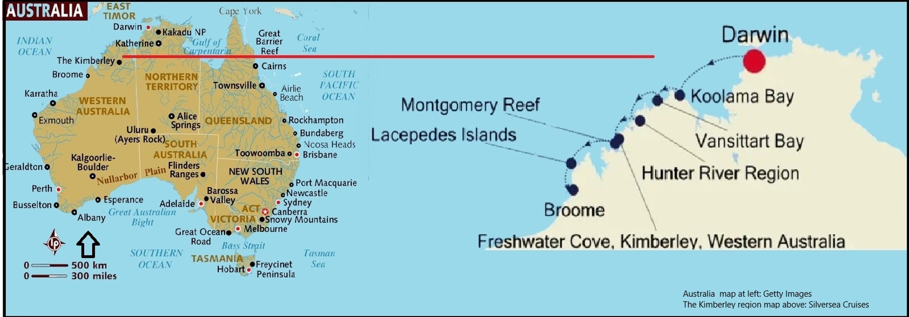 Large map by Silversea; smaller map by Getty Images