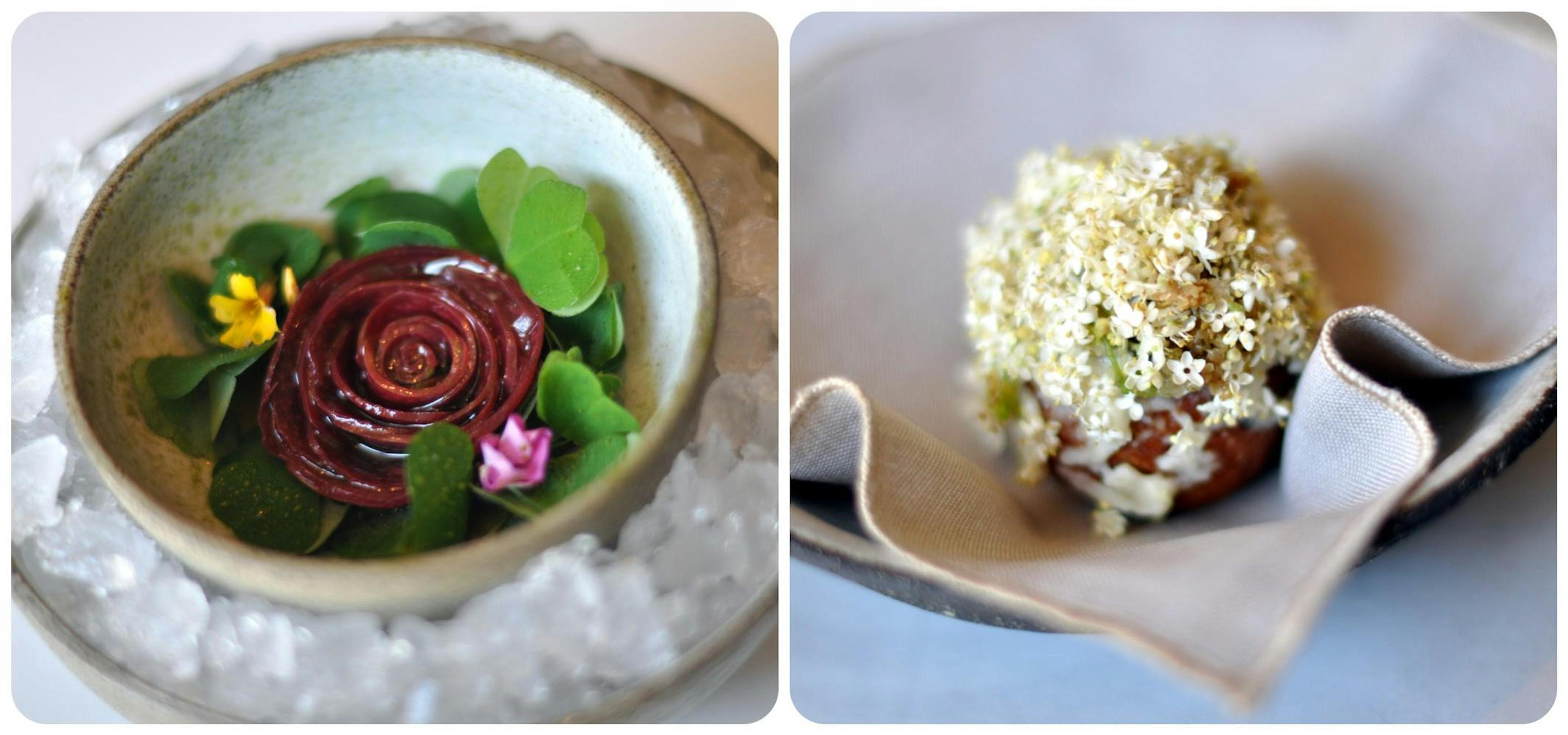 The food is pretty at Noma in Copenhagen, considered one of the best restaurants in the world. At left, rhubarb with herbs and tangerine oil; at right, apple slice with elderflowers./Wikimedia Commons photos by cyclonebill