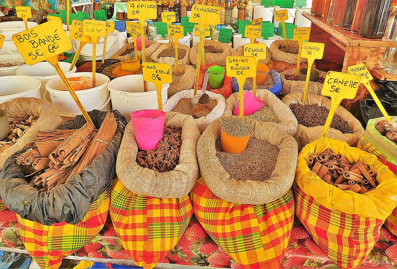 Madras pops us in unexpected places, including in the spices section at the market in Guadeloupe in the eastern Caribbean./Getty Images