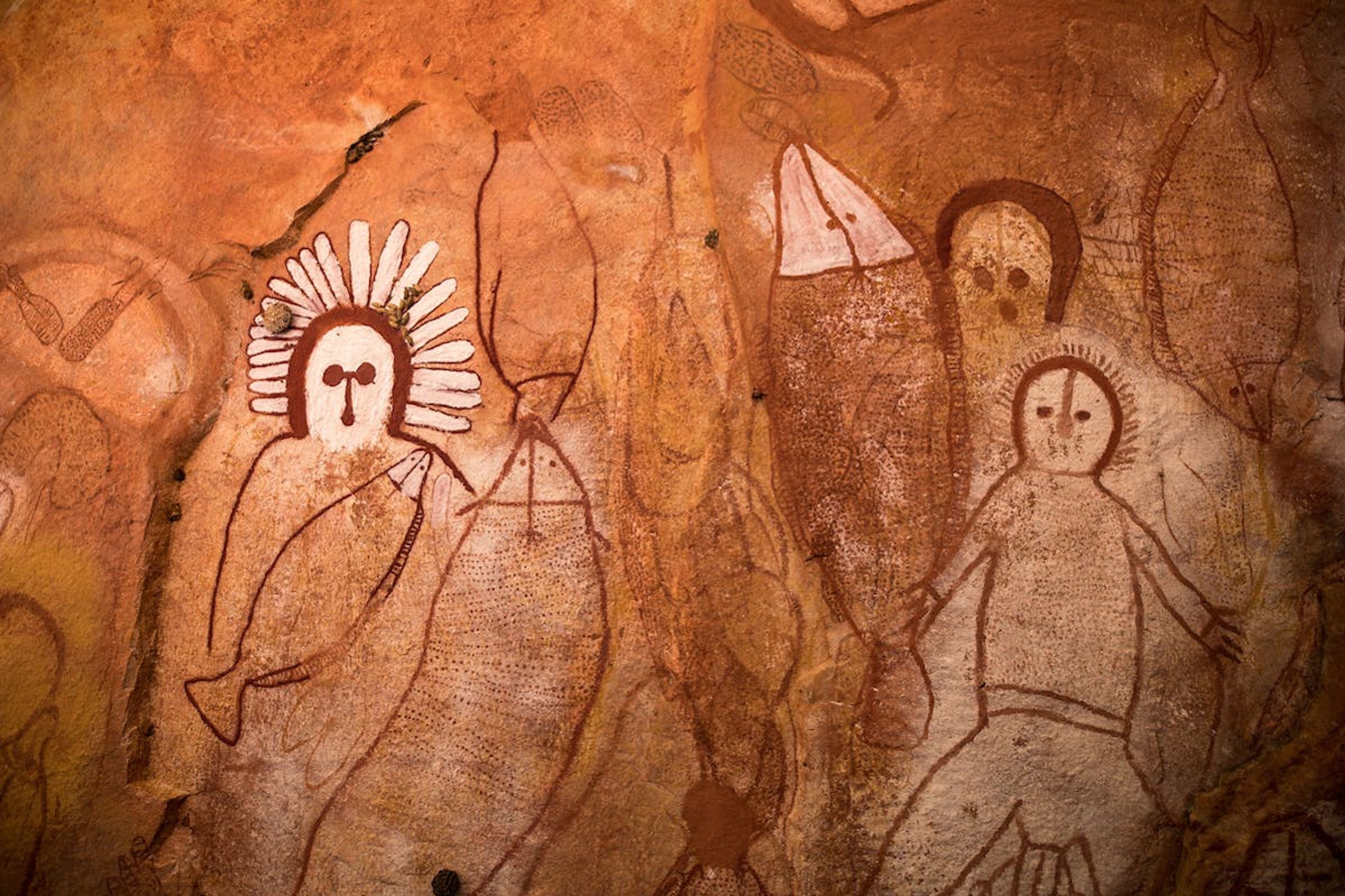 The large, wide-eyed Wandjinas are spirit figures drawn on thousands of cliffs and cave walls in the Kimberley./Bruno Cazarini