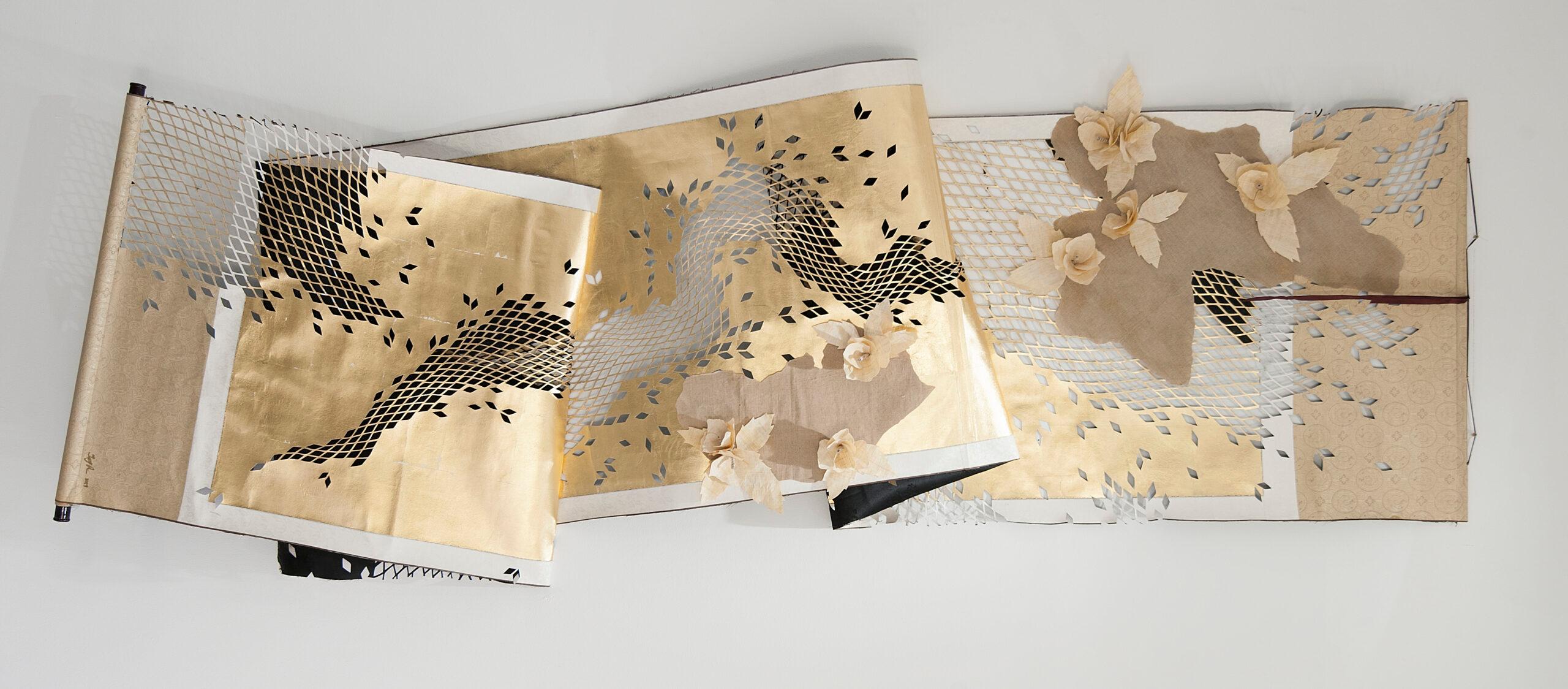 Korean calligraphy scrolls, Korean silk, gold leaf and polyurethane varnish