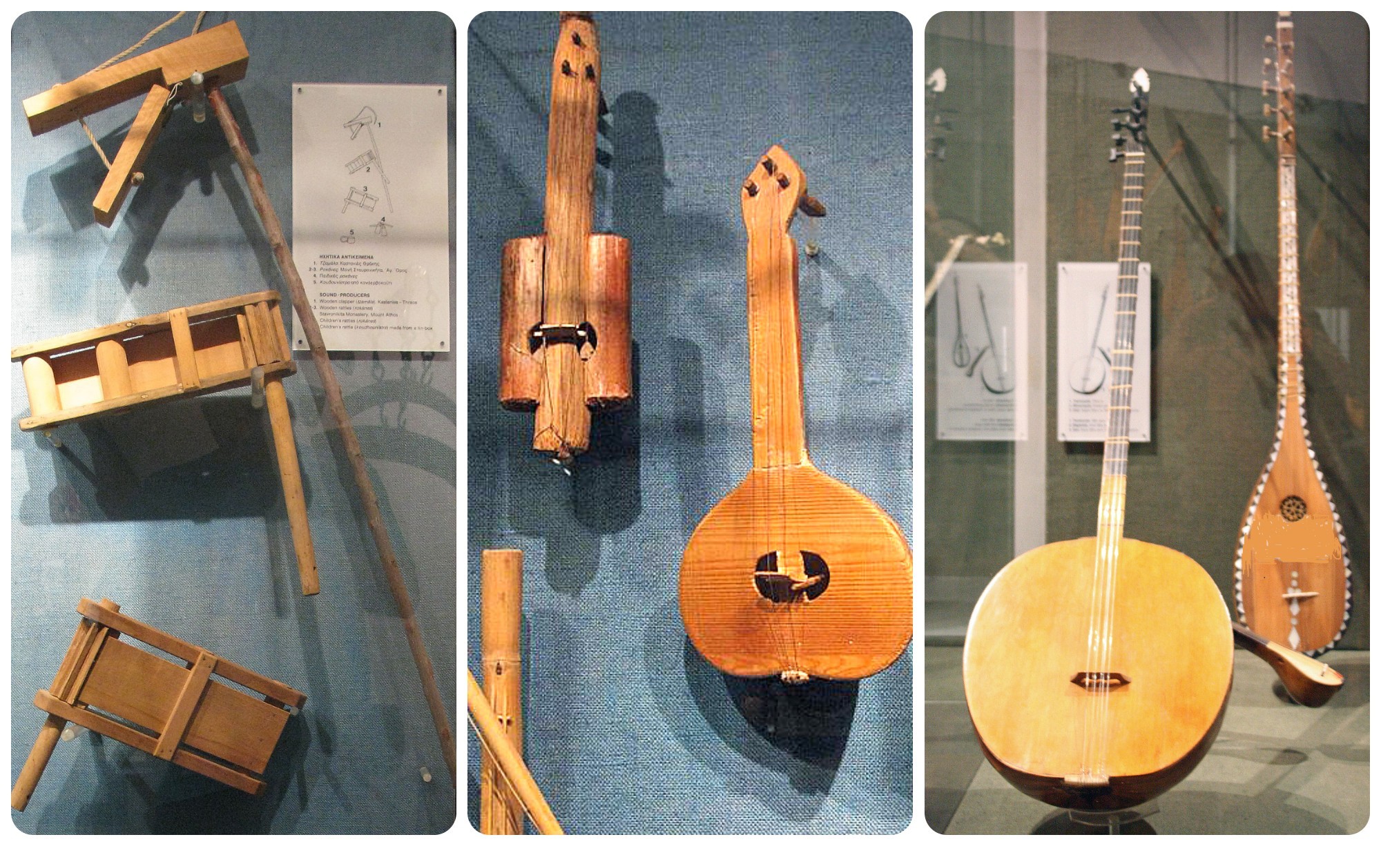 From the Museum of Greek Folk Musical Instruments (from left): noisemakers, children's instruments and a tambur./Photos Wikimedia Commons
