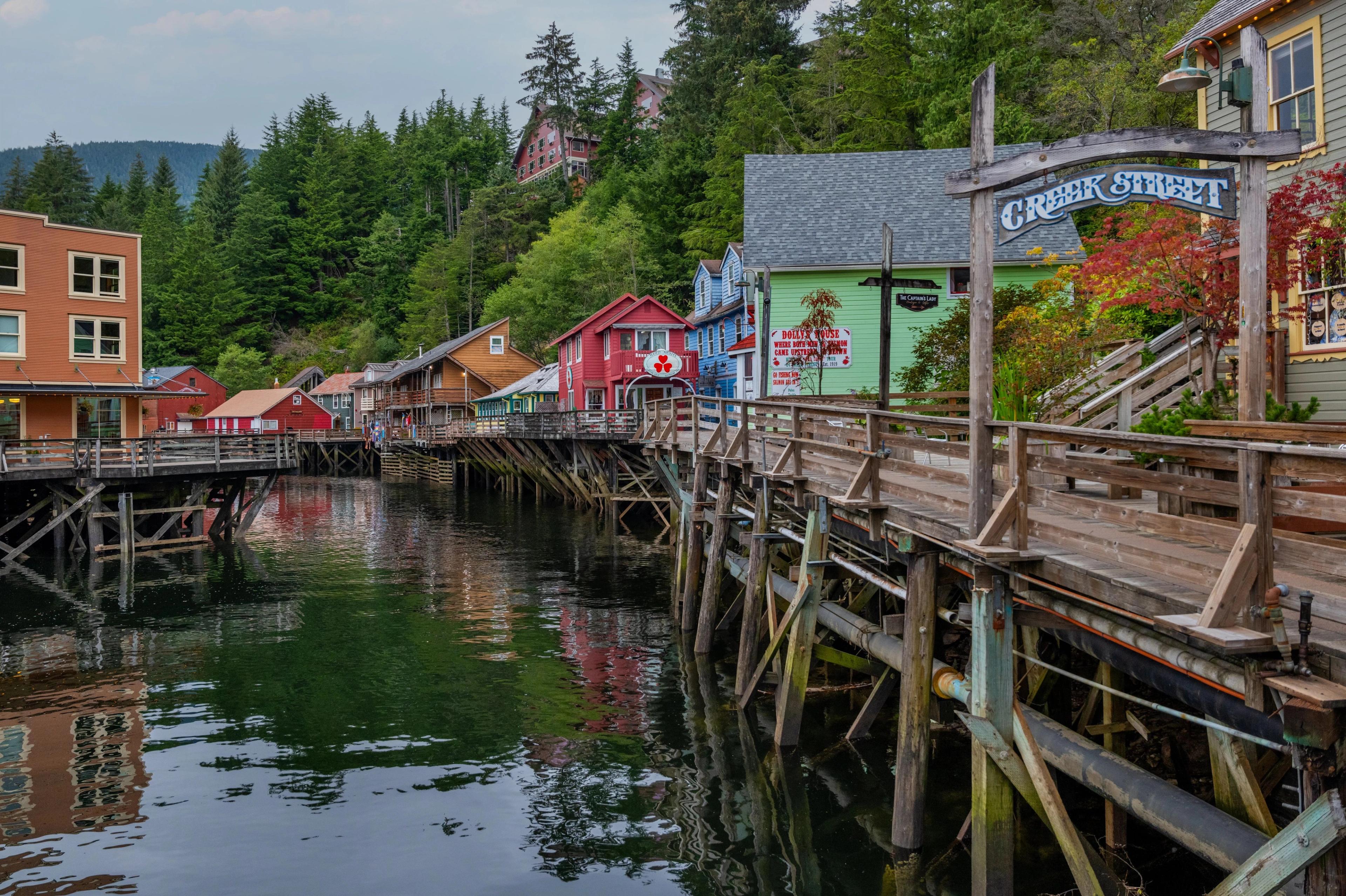 Creek Street, a historic boardwalk built on stilts over a tidal creek in Ketchikan, Alaska.