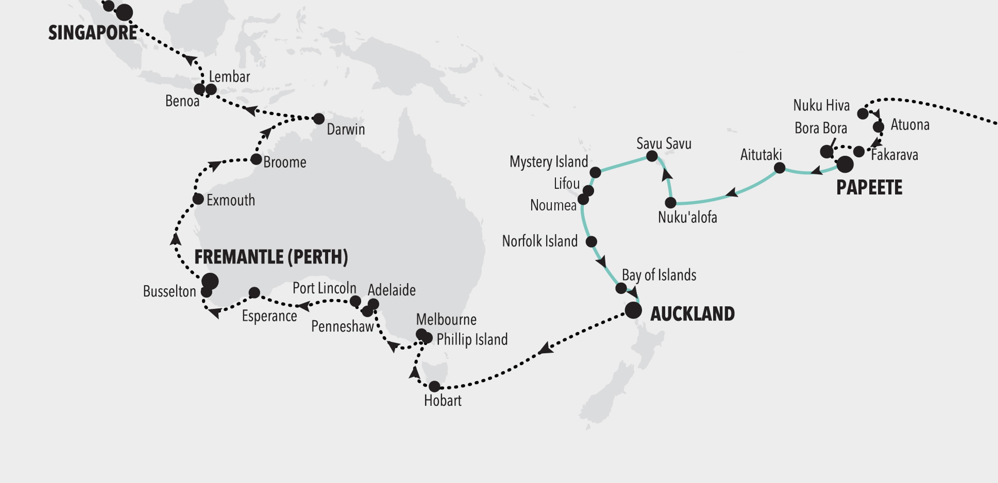 "The Curious and the Sea, Silversea's World Cruise 2026," continues westward, featuring New Zealand and Australia.