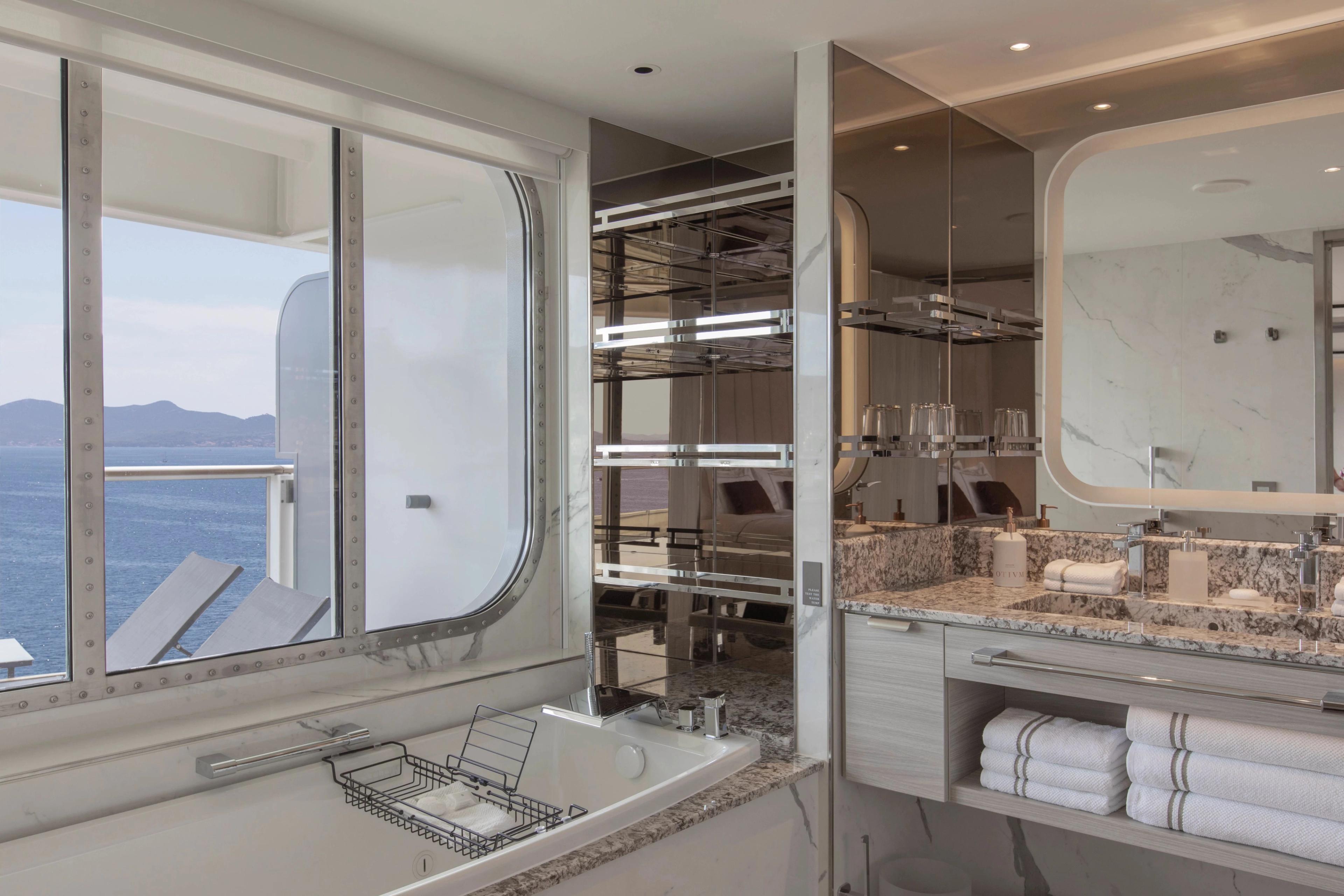 Owners and Signature Suites on Silversea's Silver Ray and Silver Nova has bathtub and shower facing the sea.