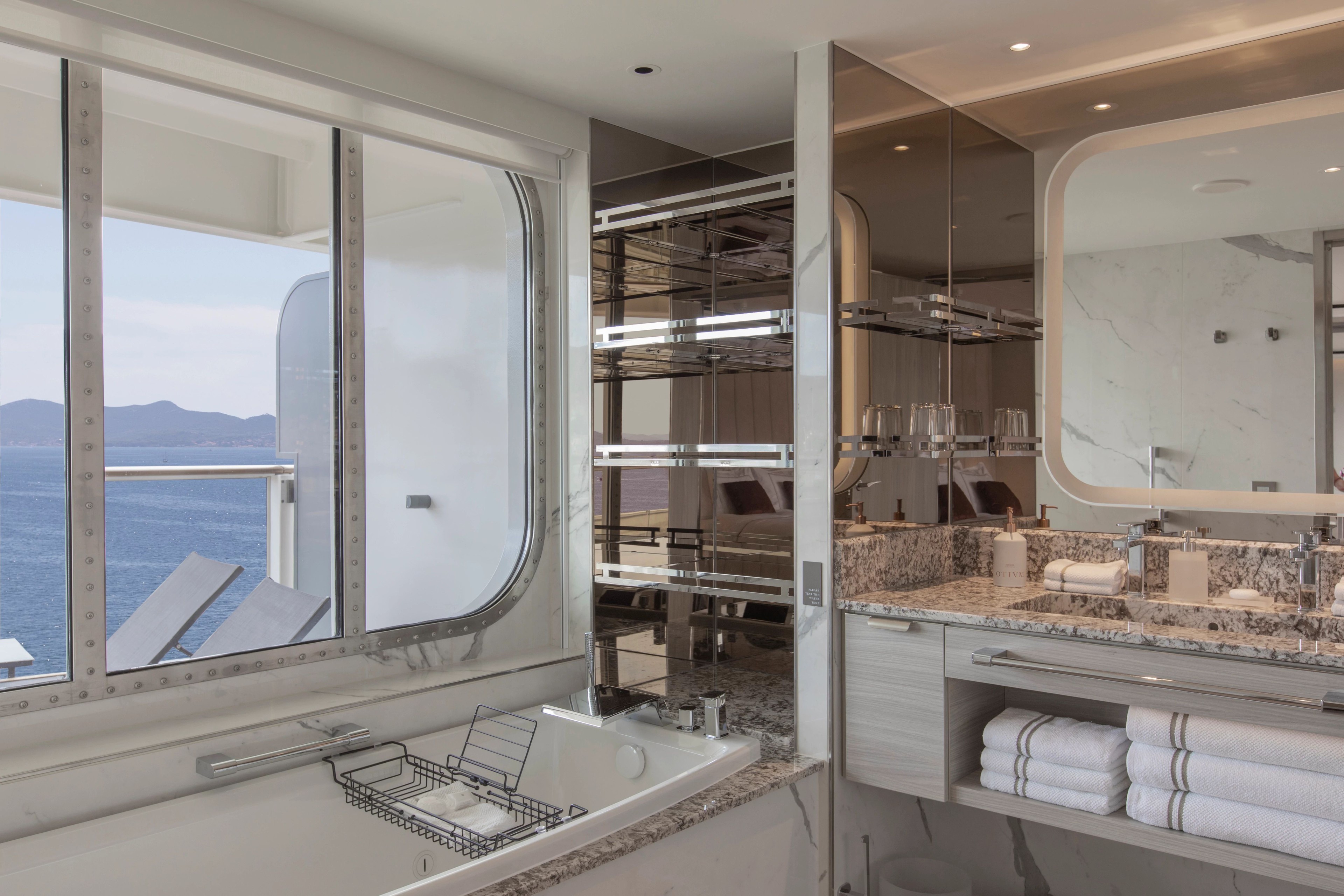 Owners and Signature Suites on Silversea's Silver Ray and Silver Nova has bathtub and shower facing the sea.