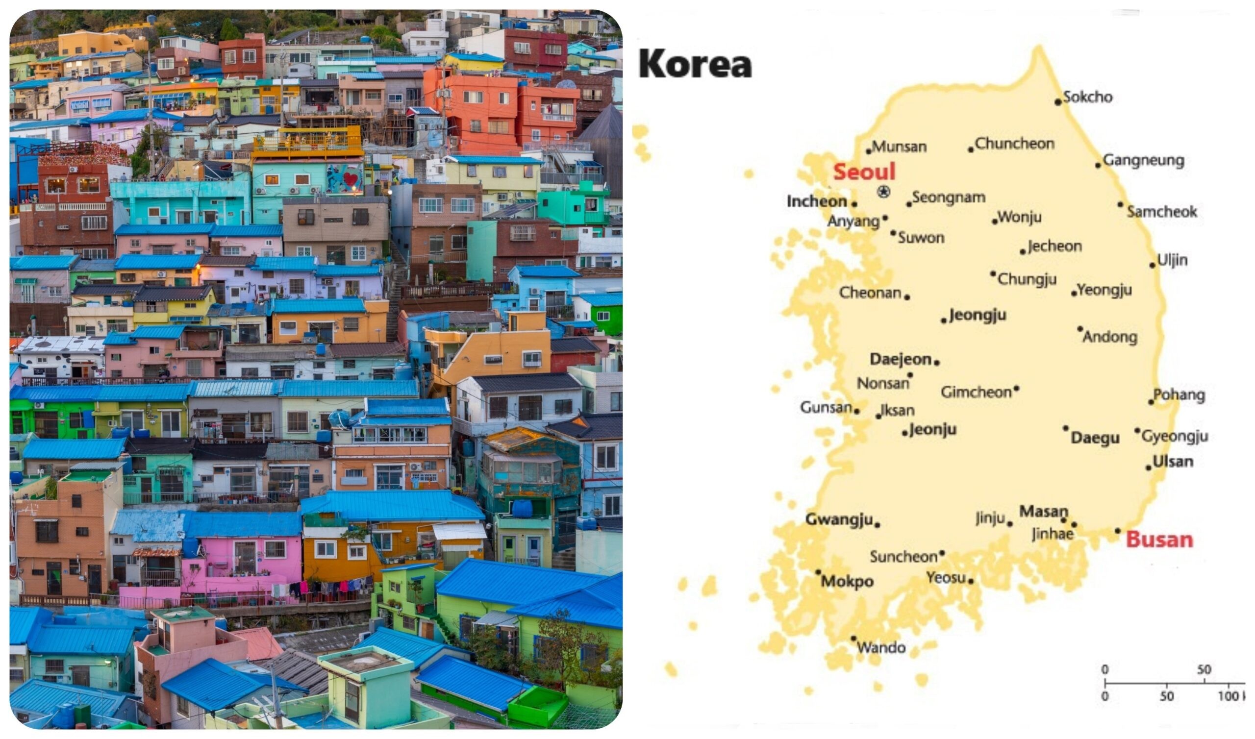 The colorful hills of Gamcheon, about eight miles from Busan's city center./Photo and map by Shutterstock