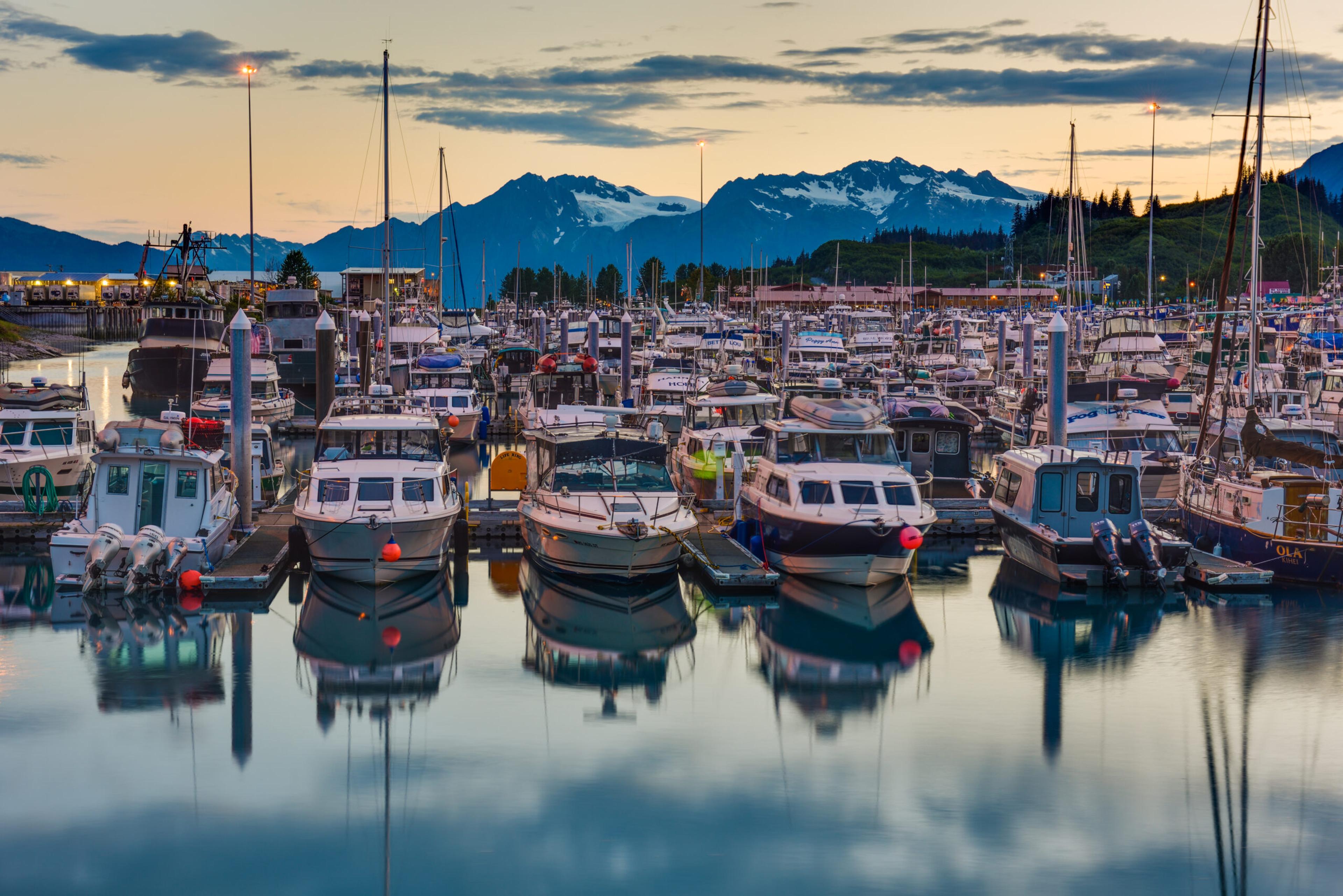 The small boat harbor at Valdez, Alaska, at dusk/Getty images