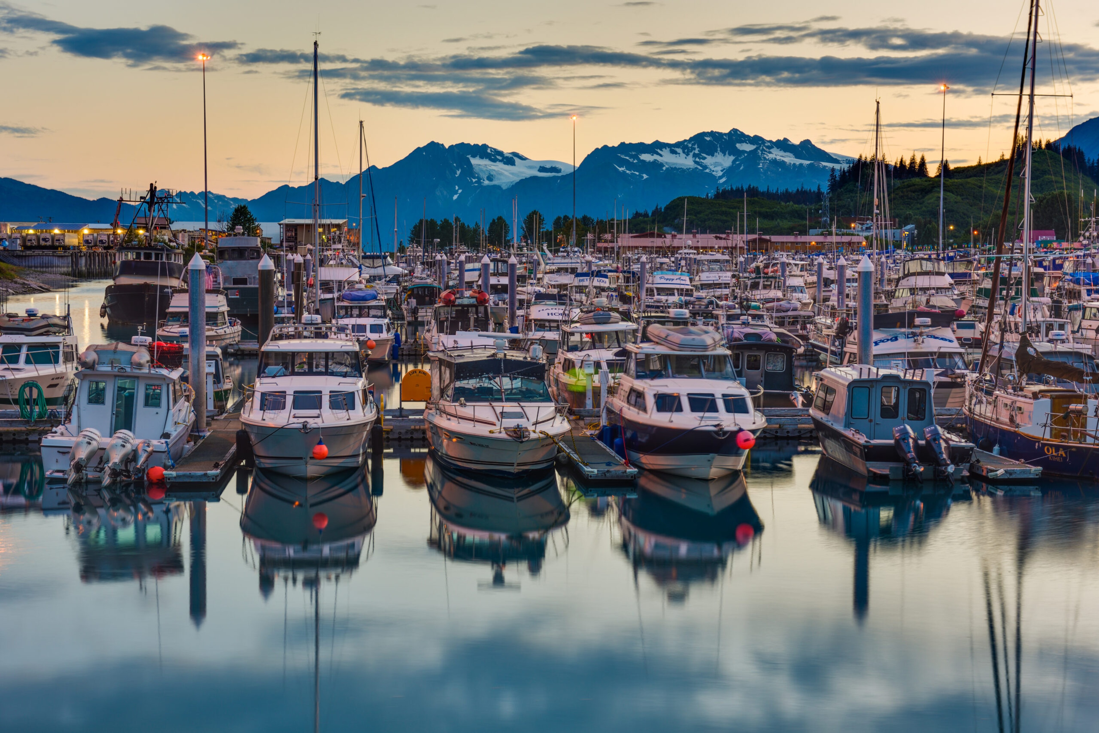 The small boat harbor at Valdez, Alaska, at dusk/Getty images