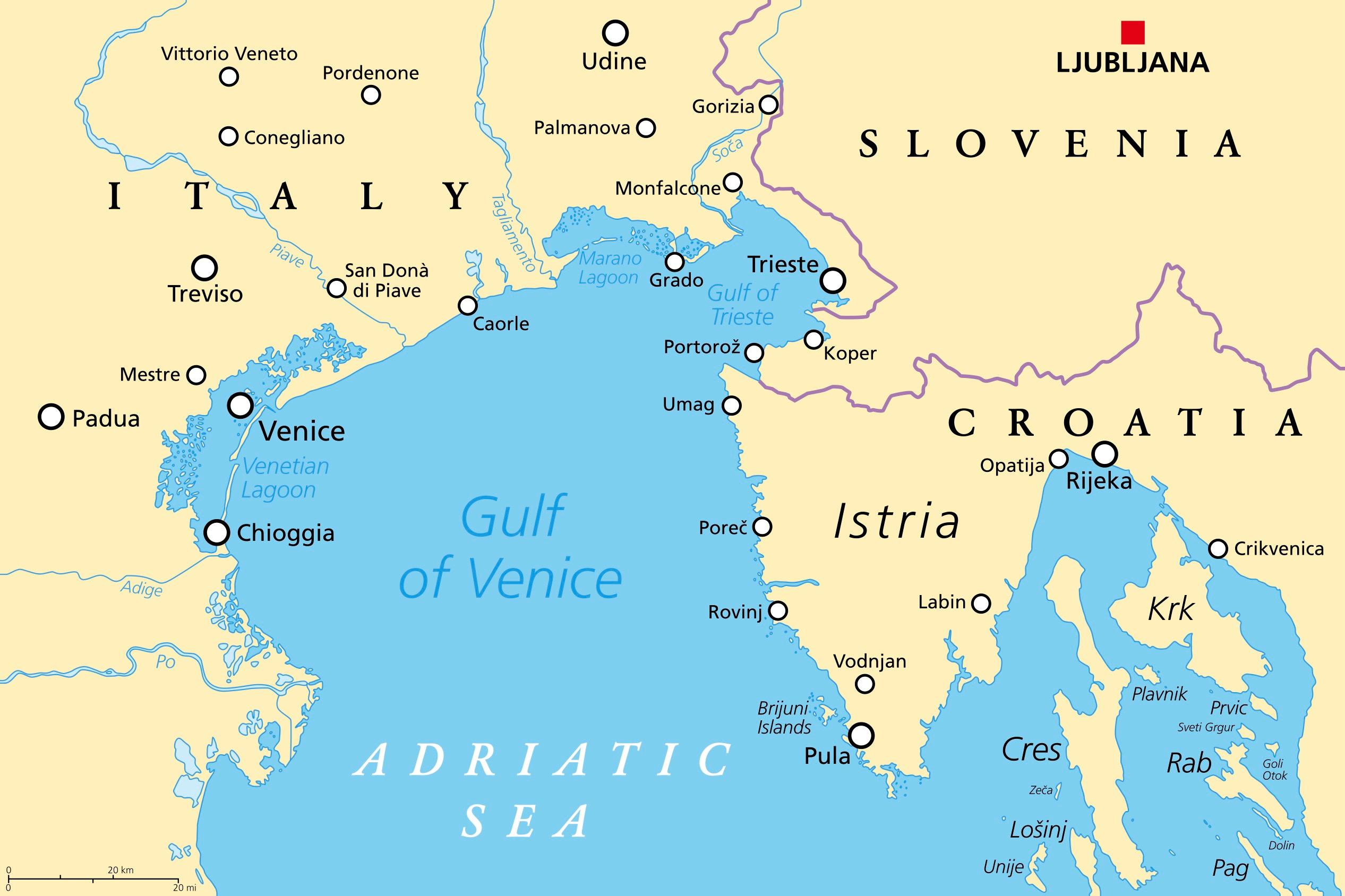 Map of Trieste shows the city's proximity to borders, such as Croatia and Slovenia. Map courtesy of Shutterstock.