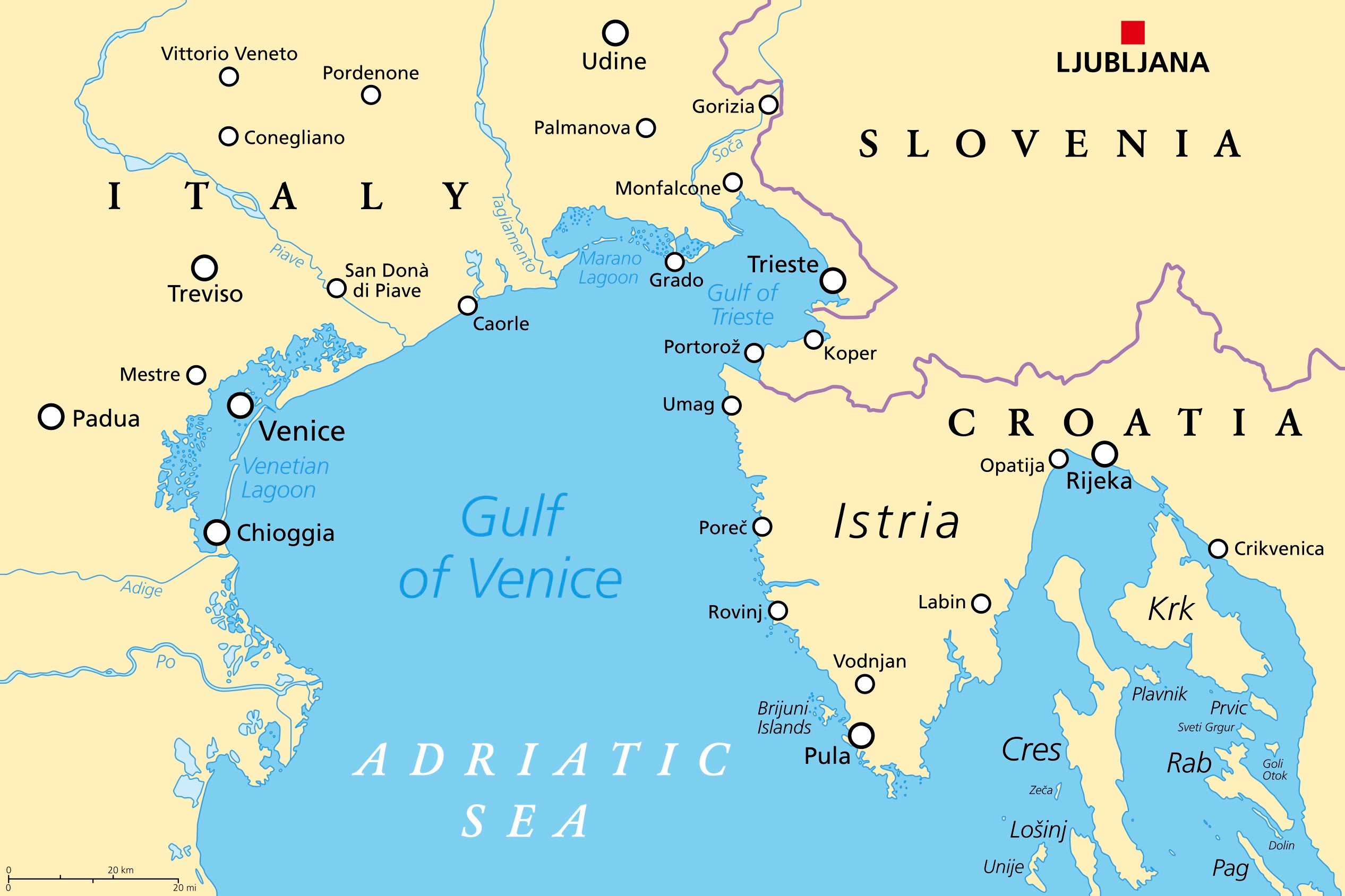 Map of Trieste shows the city's proximity to borders, such as Croatia and Slovenia. Map courtesy of Shutterstock.