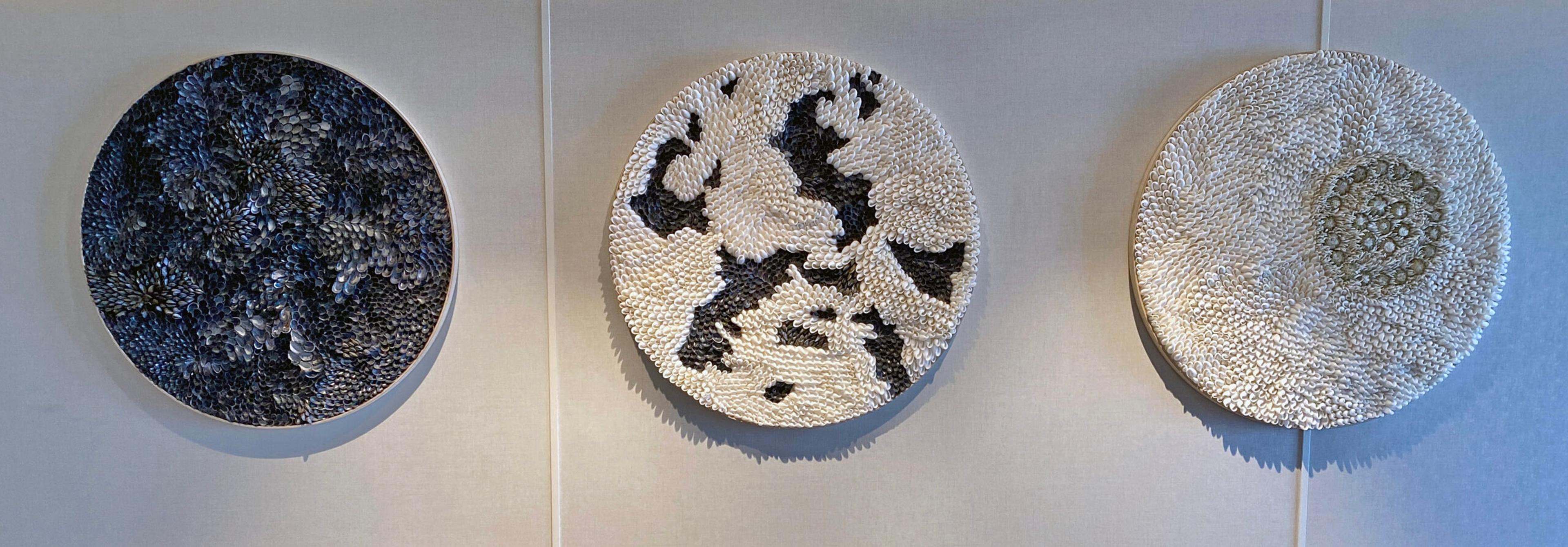 From left to right: "Cromarty," "Untitled," and Rockhall, made from mussel shells, tusk shells and green sea urchins