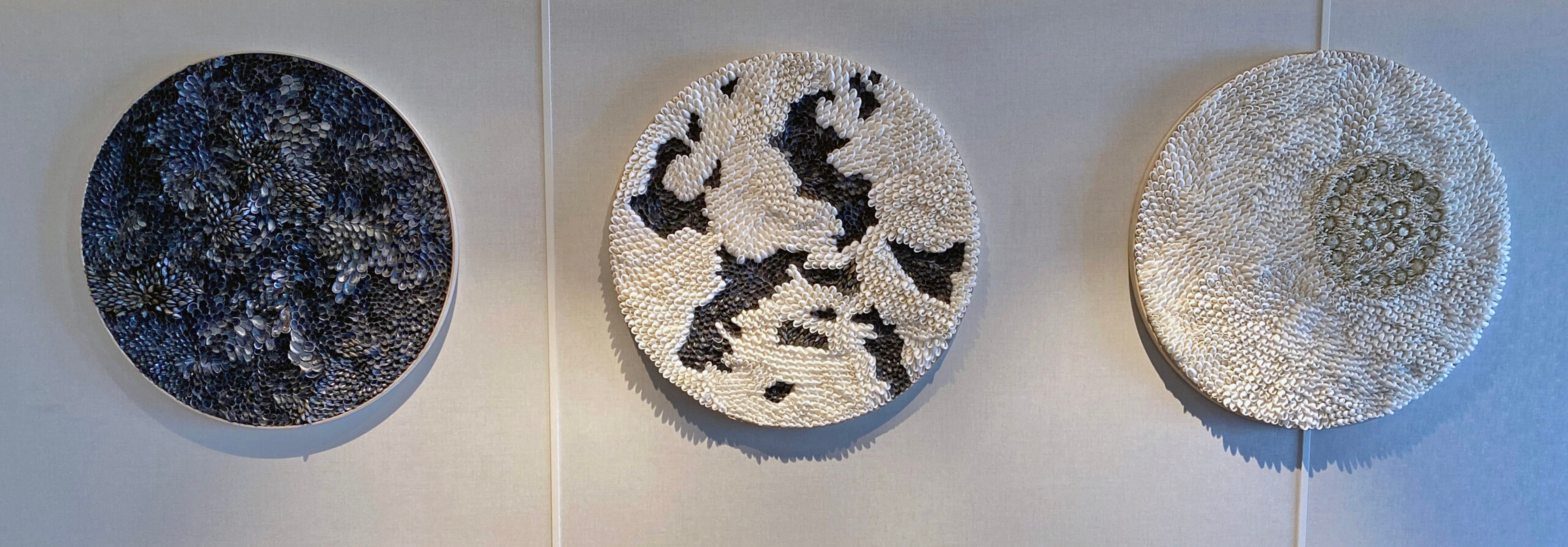 From left to right: "Cromarty," "Untitled," and Rockhall, made from mussel shells, tusk shells and green sea urchins