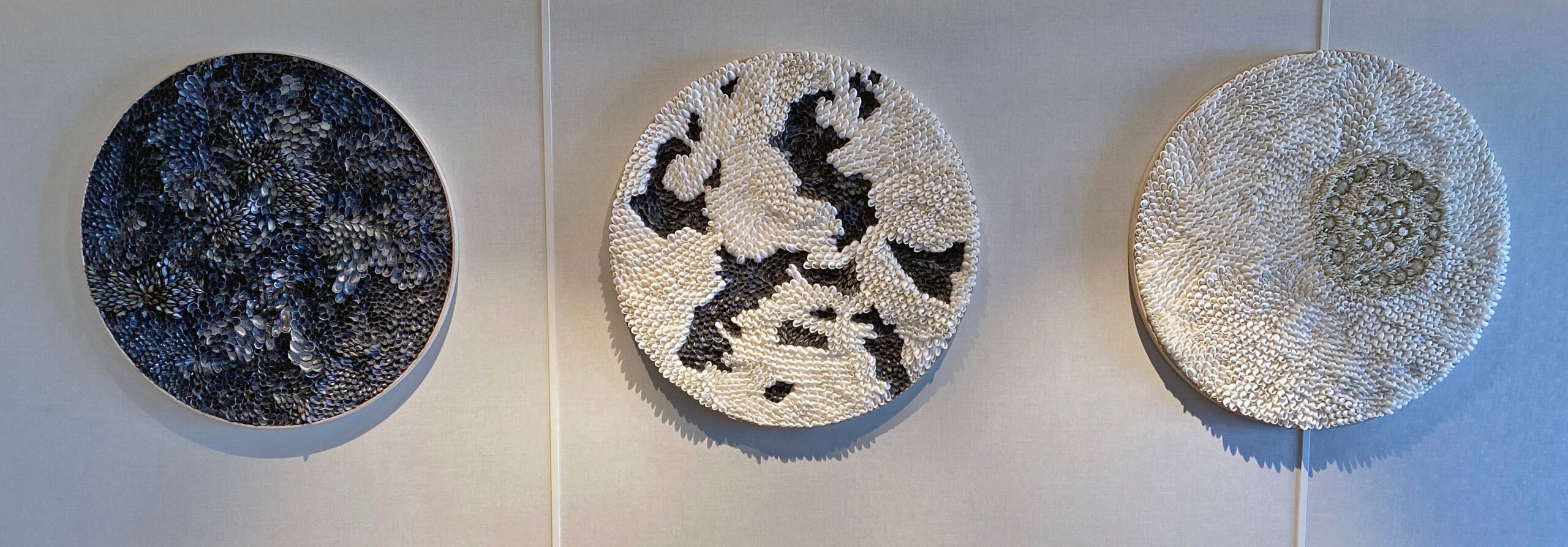From left to right: "Cromarty," "Untitled," and Rockhall, made from mussel shells, tusk shells and green sea urchins