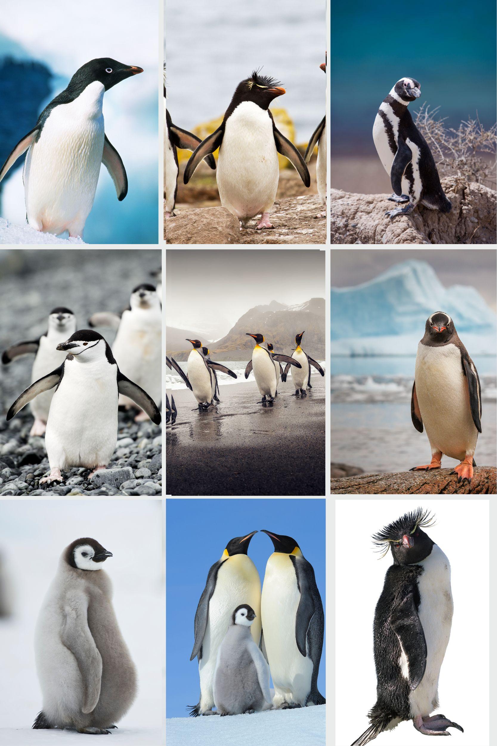 Penguins you may see in Antarctic regions, from top left: Adelie, Rockhopper, Mage- llanic; from middle left: Chinstrap, King, Gentoo, from bottom left Emperor chick, Emperors and Macaroni./Getty Images
