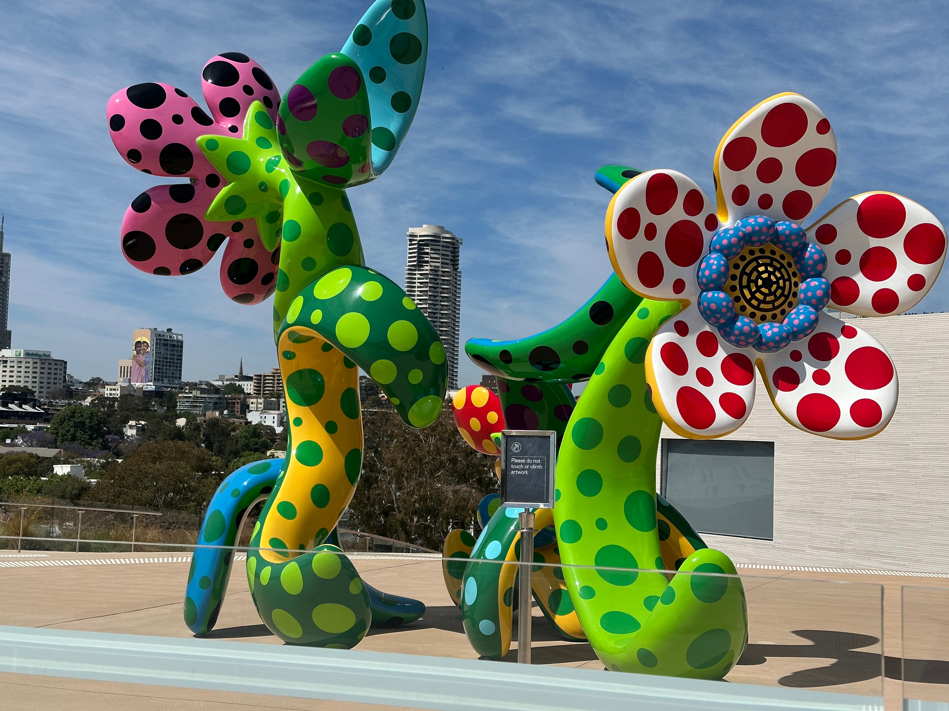 Art work at Sydney Modern is featured both inside and out. This piece, called Flowers that Bloom in the Cosmos 2022, was created especially for the Sydney Modern by Yayoi Kusama, known for her signature polka dots.