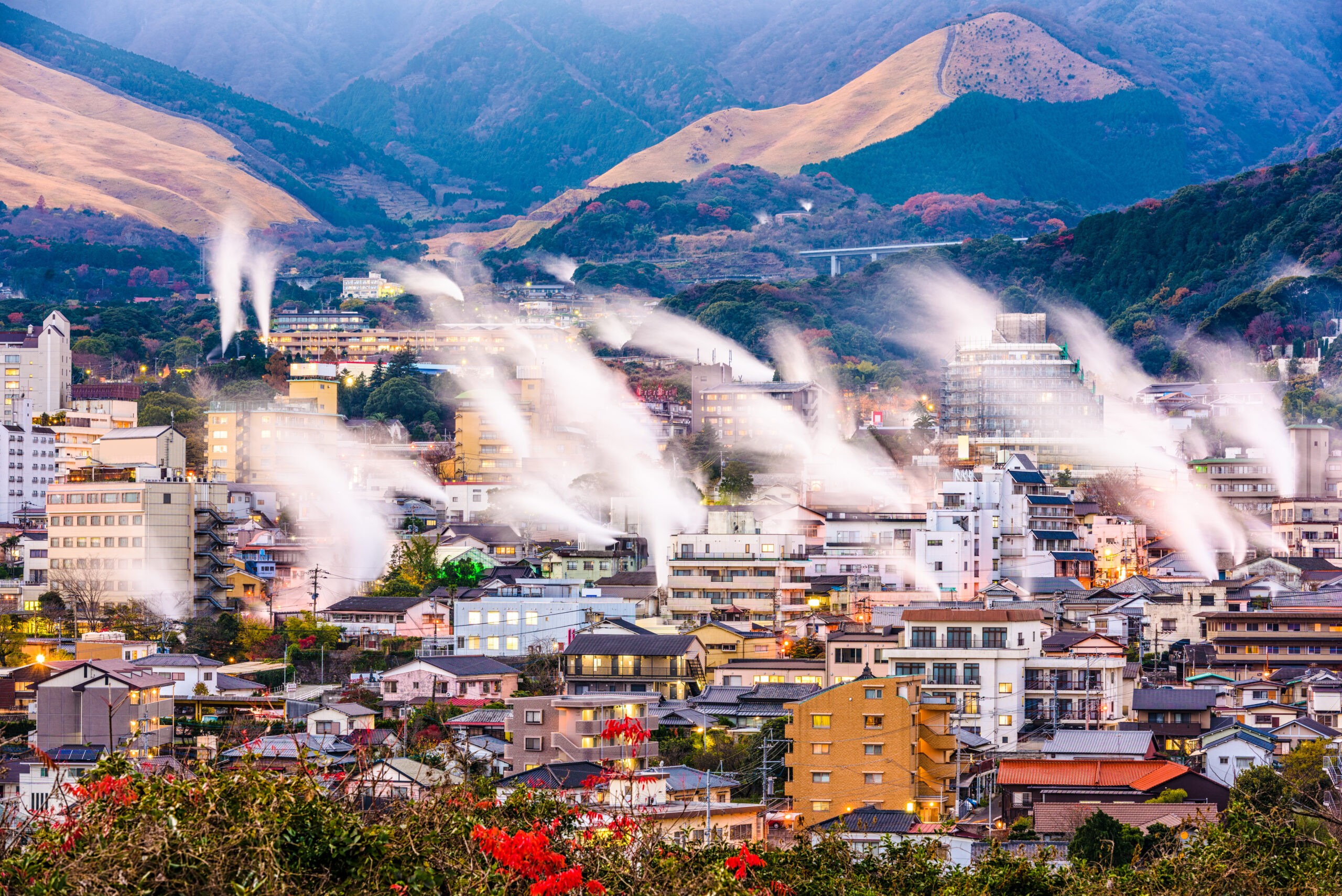 Steam rises from the hot springs in Beppu, on Kyushu, in Japan, said to have more than 2,900 "vents" from hot springs./Shutterstock