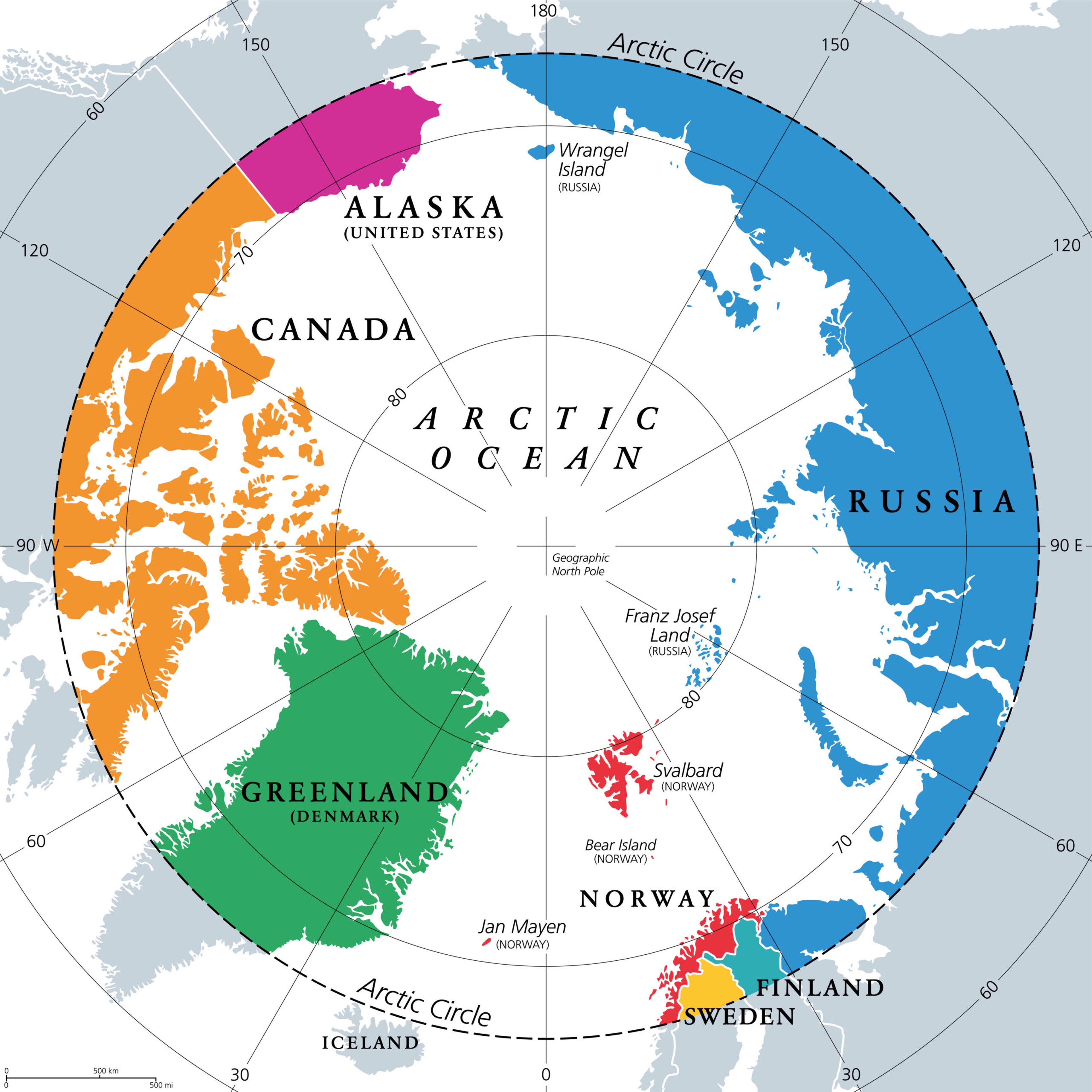 Countries within the Arctic Circle, political map:Alaska (U.S.), Canada, Finland, Greenland (Denmark), Norway, Sweden and Russia./Getty Images