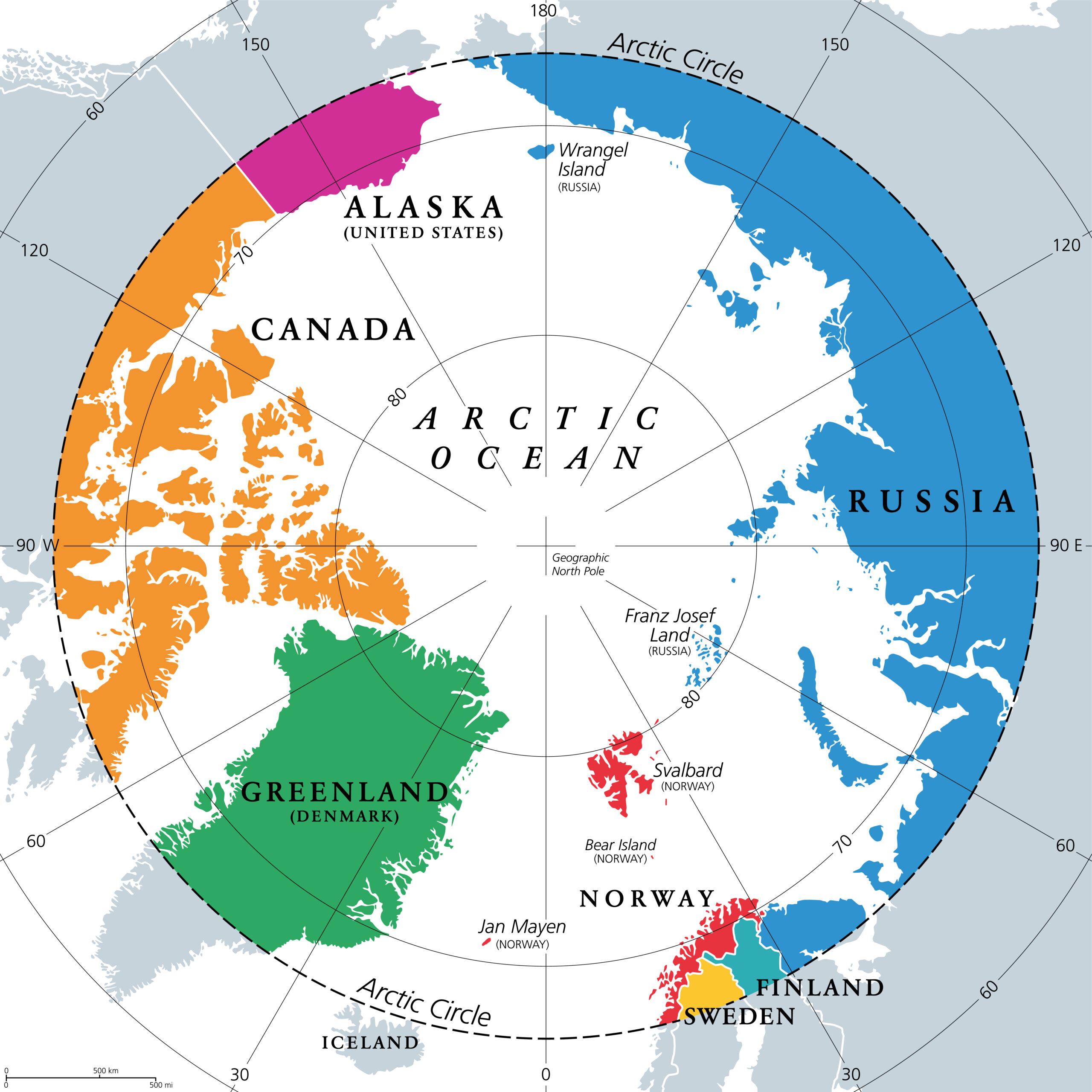 Countries within the Arctic Circle, political map:Alaska (U.S.), Canada, Finland, Greenland (Denmark), Norway, Sweden and Russia./Getty Images
