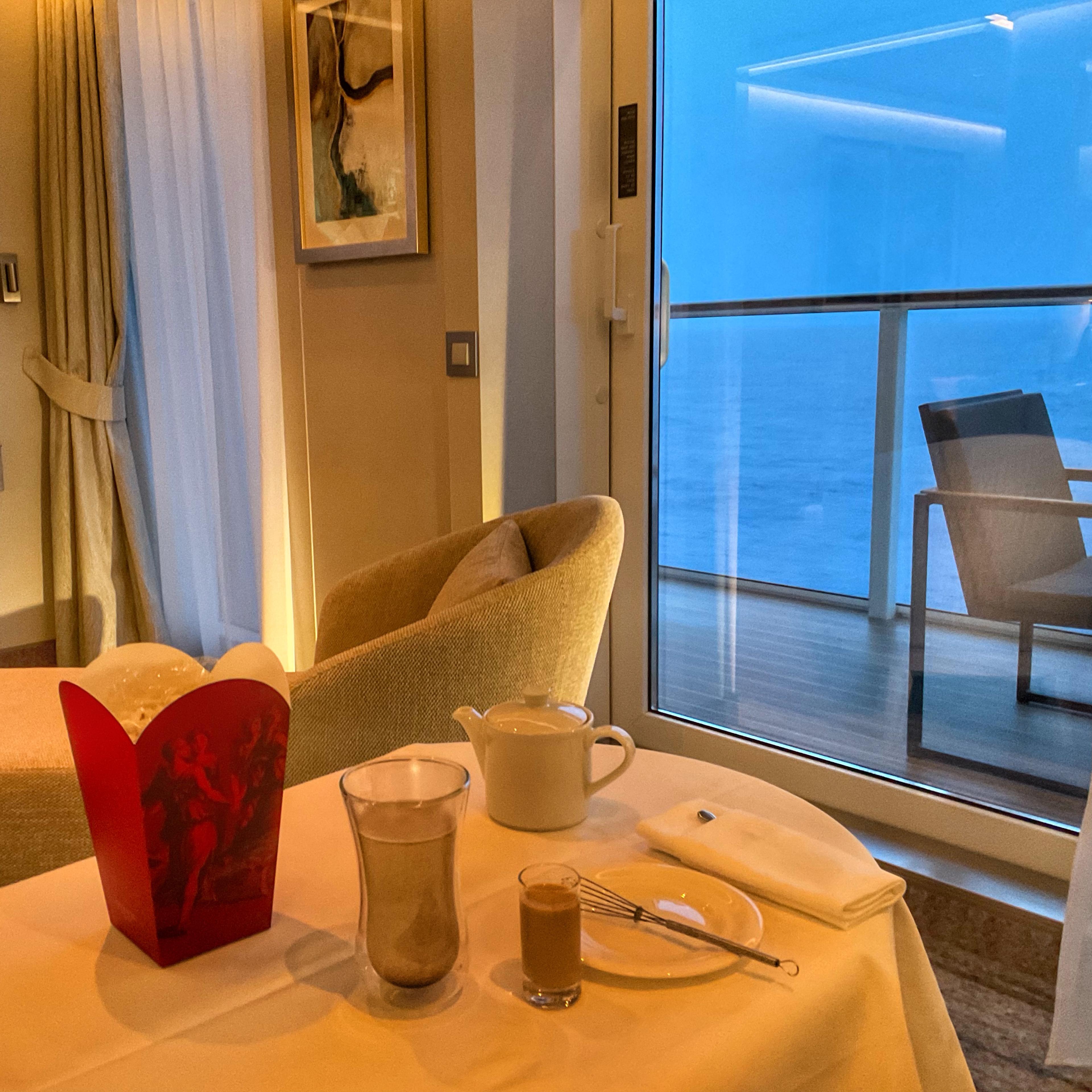 Matinee day in our suite onboard Silver Nova includes Otium treats such as truffle popcorn and spiked hot chocolate./Photo by Carolyn Spencer Brown for Silversea