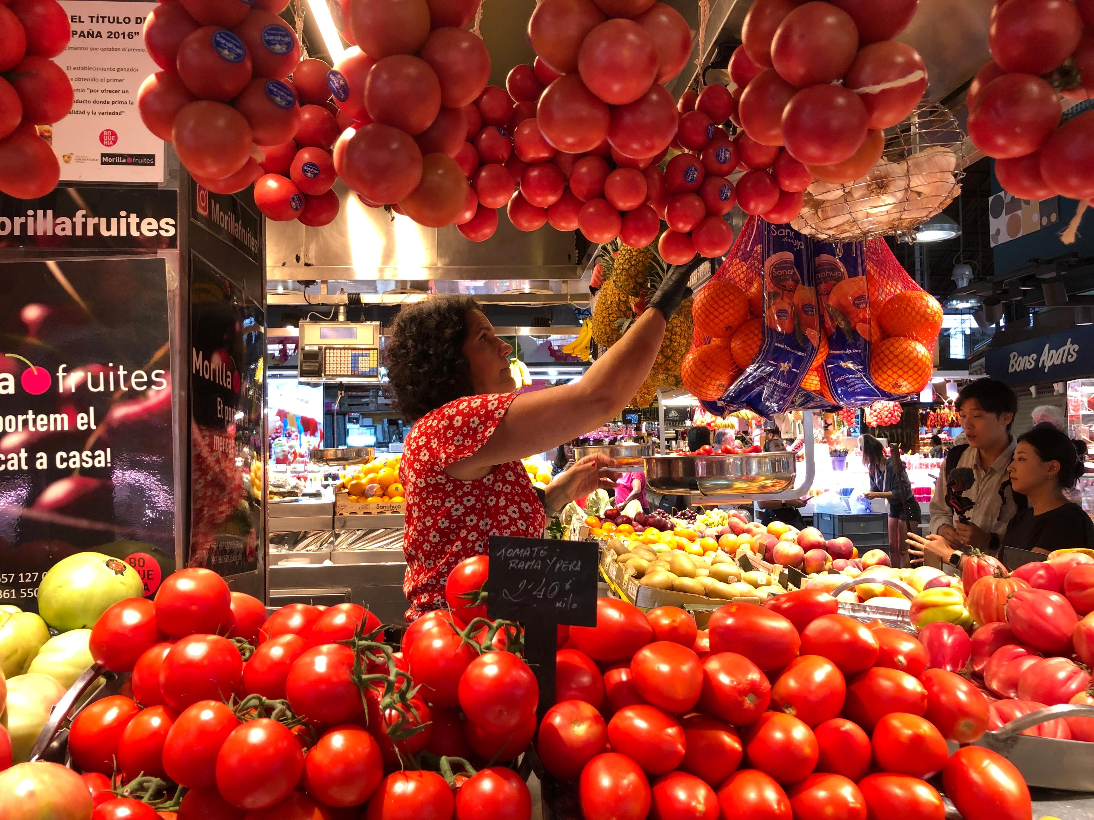 At Barcelona's Boqueria, late season tomatoes at Morilla Fruites, one of the few purveyors of elusive tropical fruits such as mangosteen, rambutan and granadilla./Photo by Jonathan Lerner for Silversea.