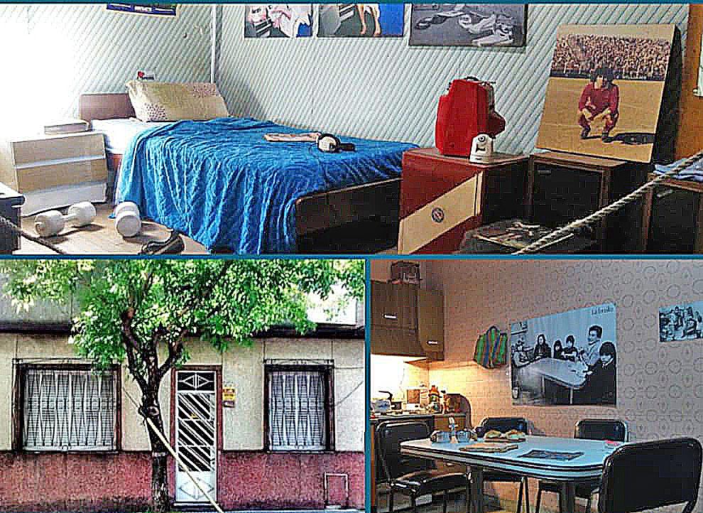 The bedroom of Diego Maradona in the house/museum along with the kitchen and a photo of the exterior speaks to his humble beginnings. Photo courtesy of the museum