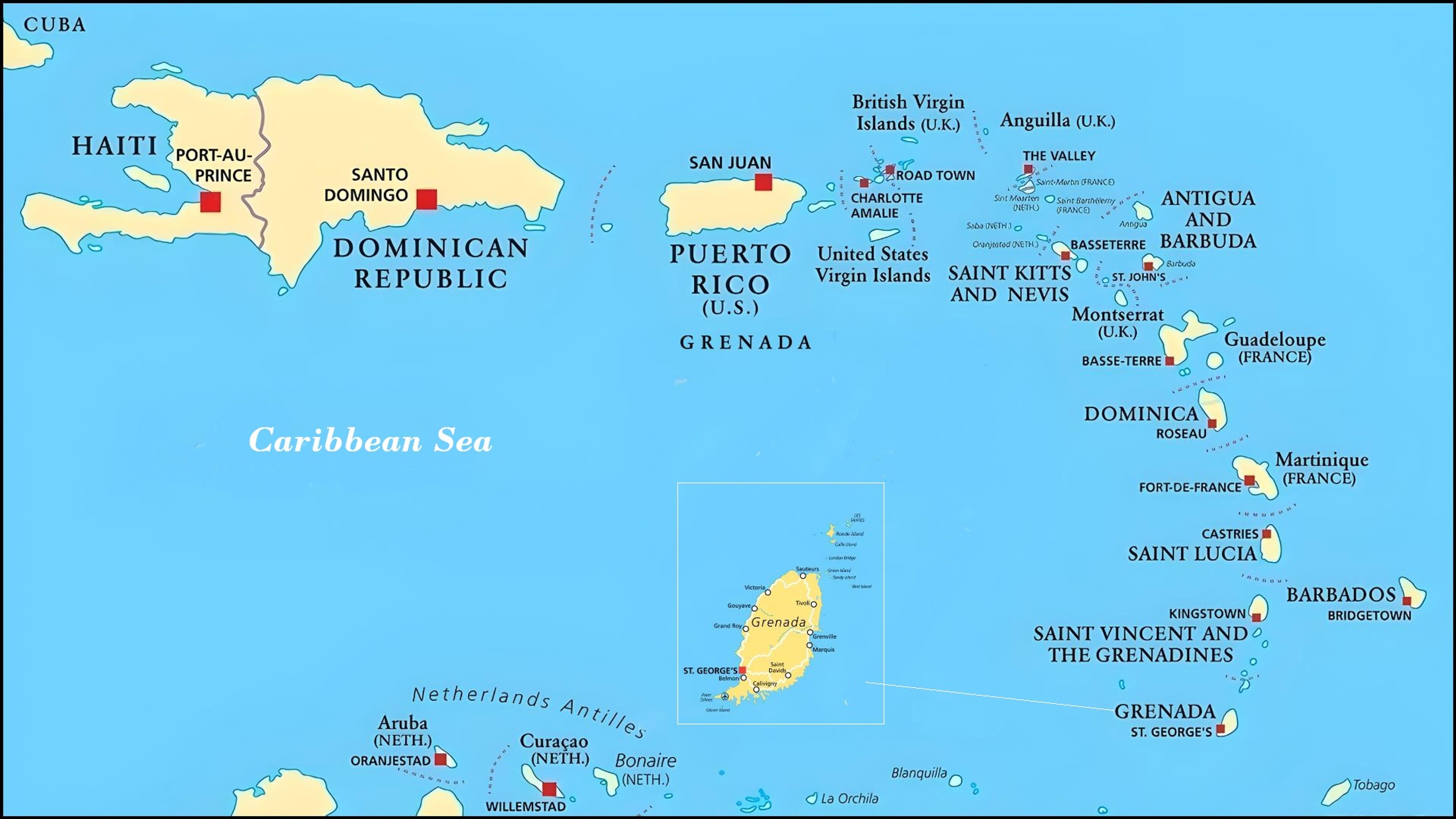 Lesser Antilles political map. The Caribbees with Haiti, the Dominican Republic and Puerto Rico in the Caribbean Sea. With capitals and national borders. English labeling. Illustration. Vector.
