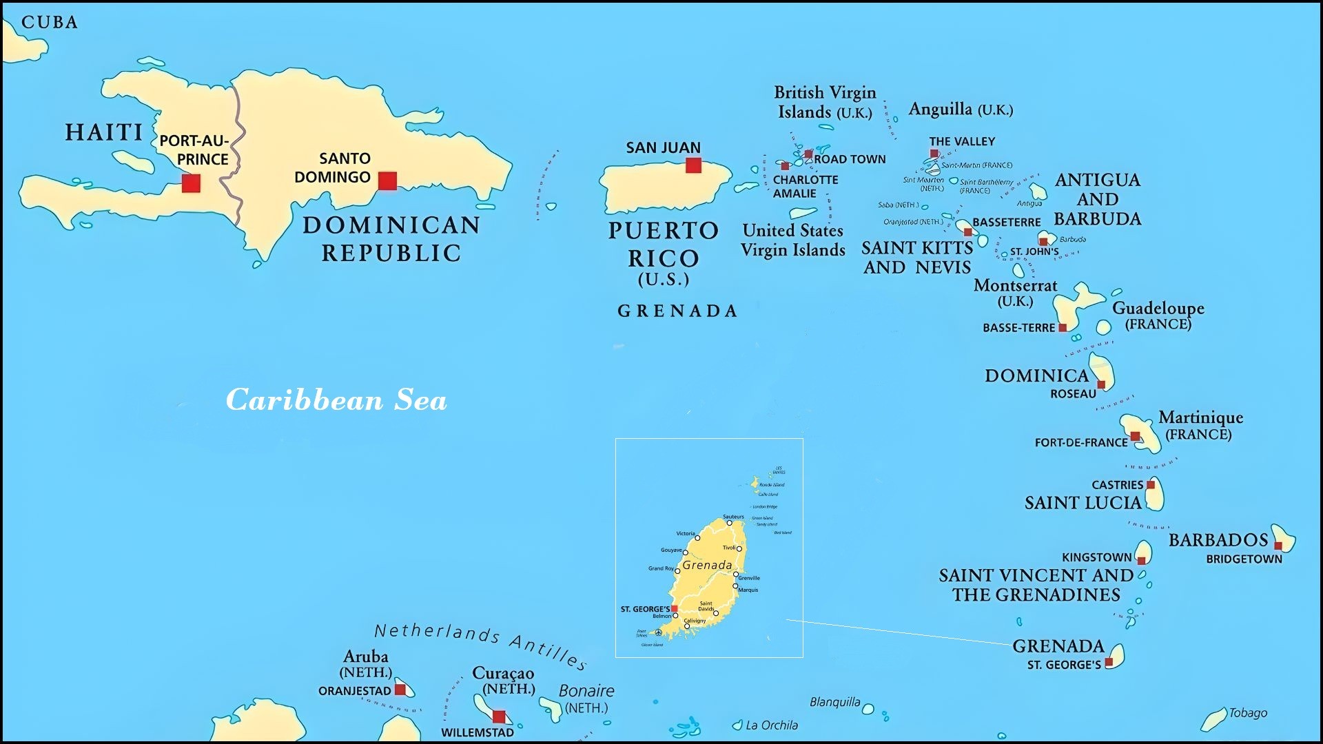 Lesser Antilles political map. The Caribbees with Haiti, the Dominican Republic and Puerto Rico in the Caribbean Sea. With capitals and national borders. English labeling. Illustration. Vector.
