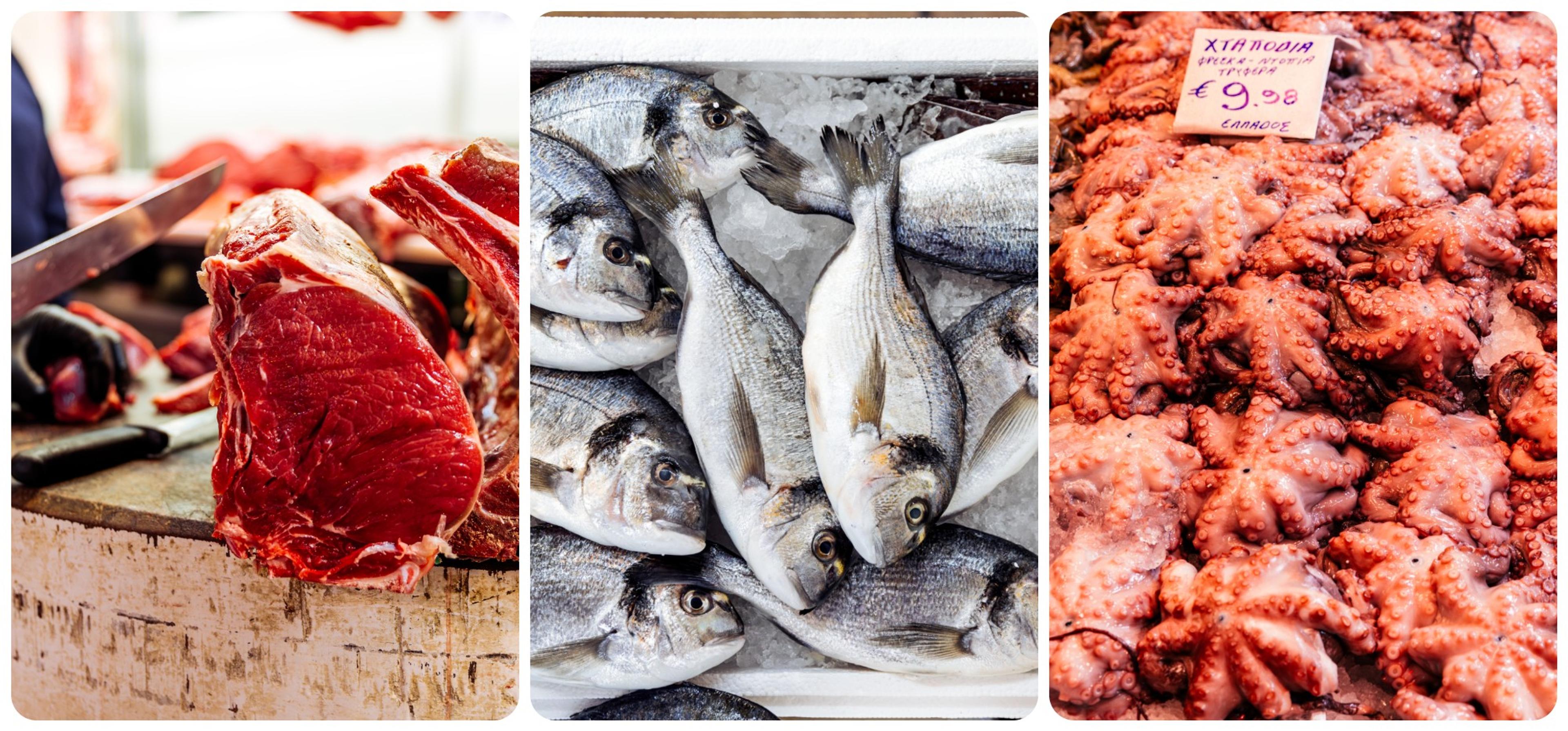 Veal (from left), sea bream and octopus are among the finds in Athens' Varvakios Central Market/Getty Images.