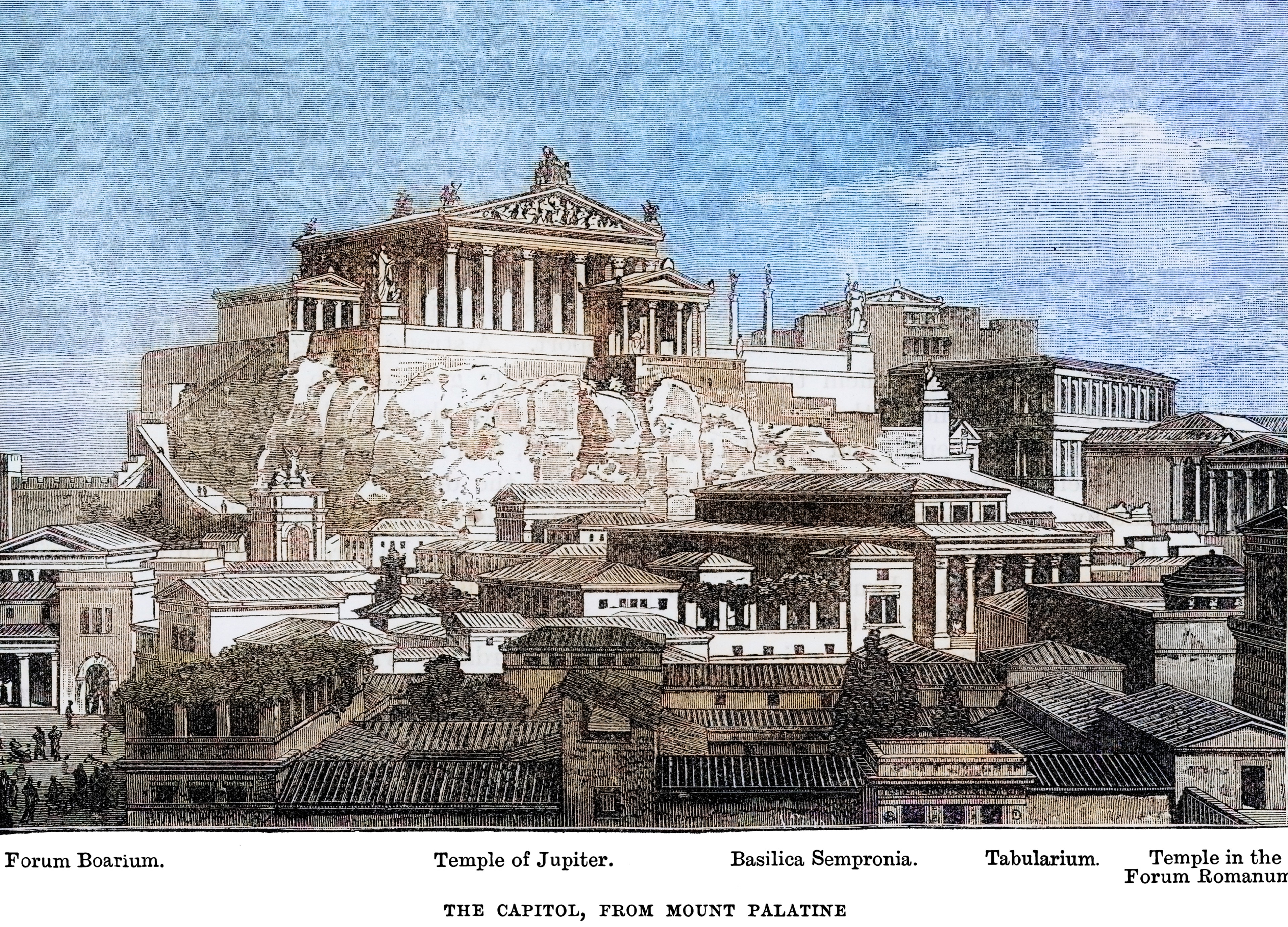 An old-fashioned engraving shows the Roman Forum and Palatine Hill./Getty Images