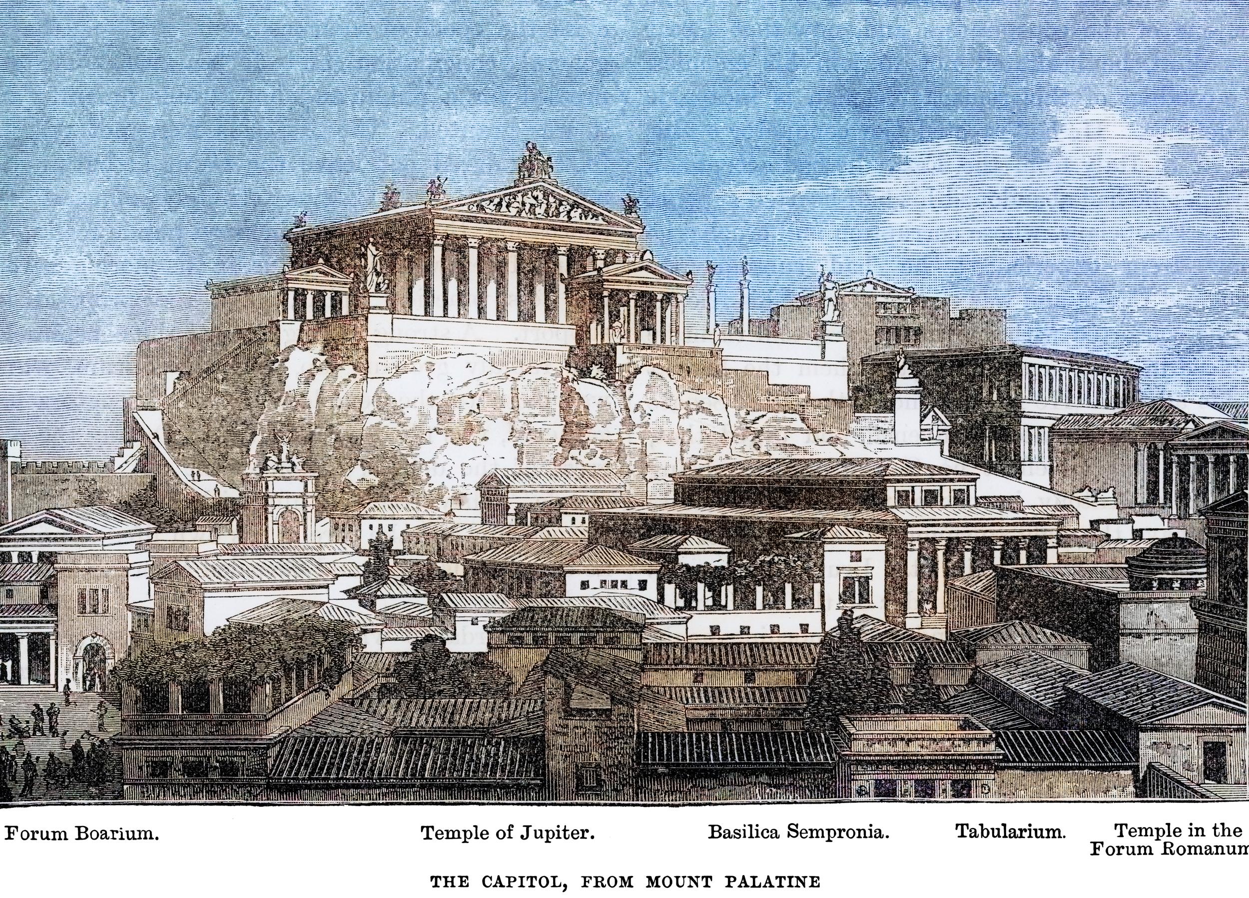 An old-fashioned engraving shows the Roman Forum and Palatine Hill./Getty Images