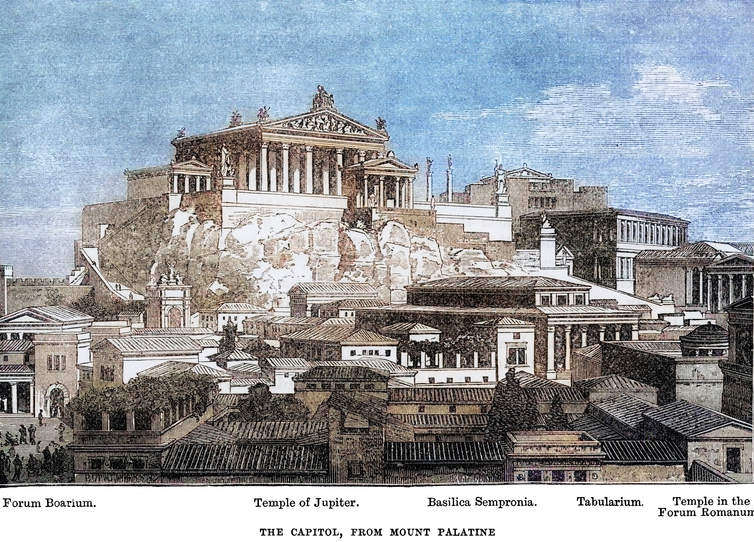 An old-fashioned engraving shows the Roman Forum and Palatine Hill./Getty Images