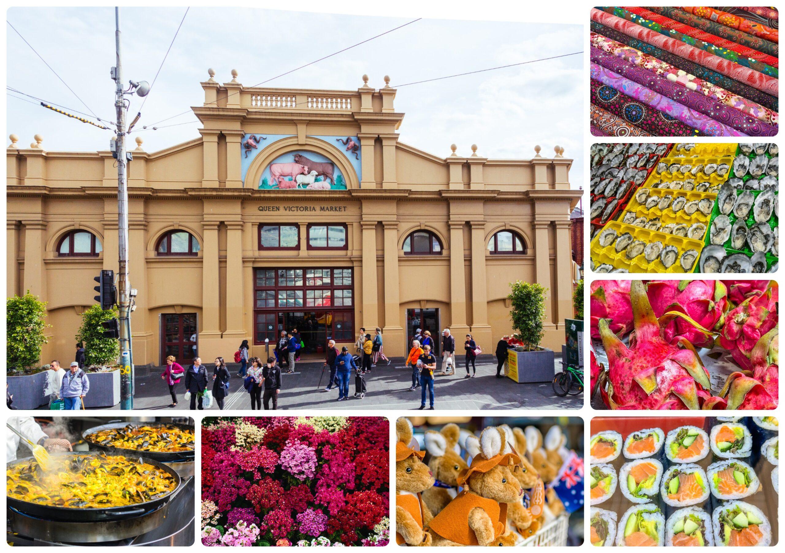 The Queen Victoria Market sells such items, from top right, Aboriginal cloth, oysters, dragon fruit salmon, stuffed kangaroos, flowers and Spanish paella./Getty images