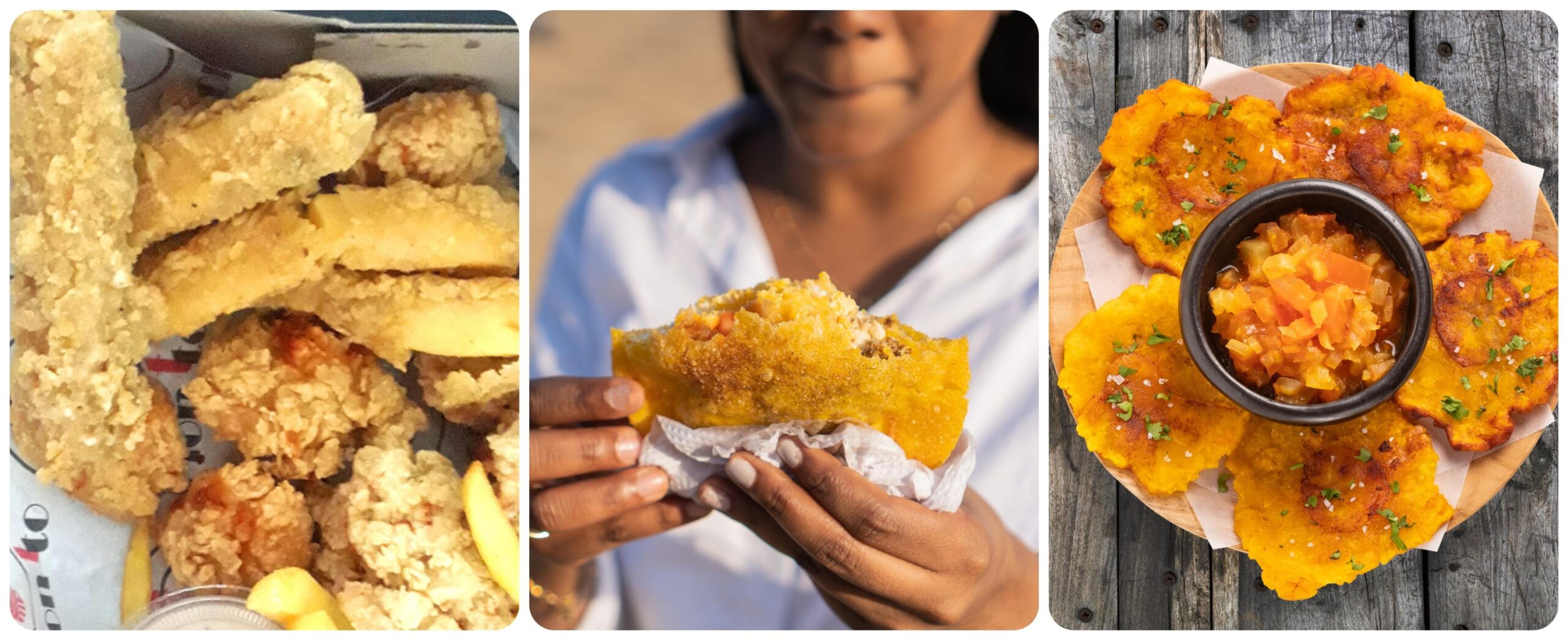 Popular foods of Cartegena, from left: Dedos de queso (cheese finges); arepas; and patacones (fried plantains). Photo at left by Wikimedia Commons by JosueHoracio; center and right, Getty Images