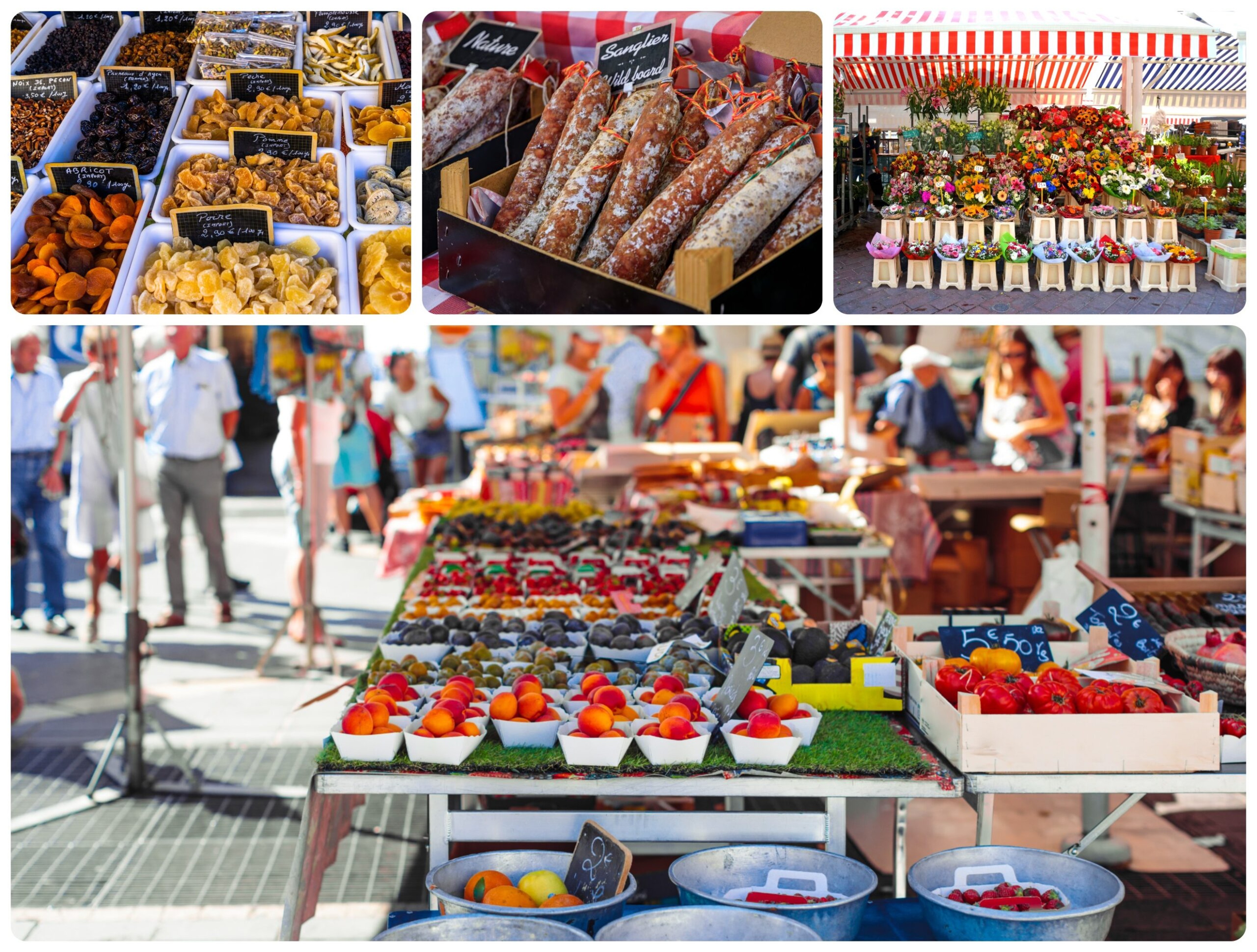 At the Cours Saleya market in Nice, variety rules: from (clockwise upper left) dried fruit, boar sausage, flowers and fresh summer fruits./Getty Images