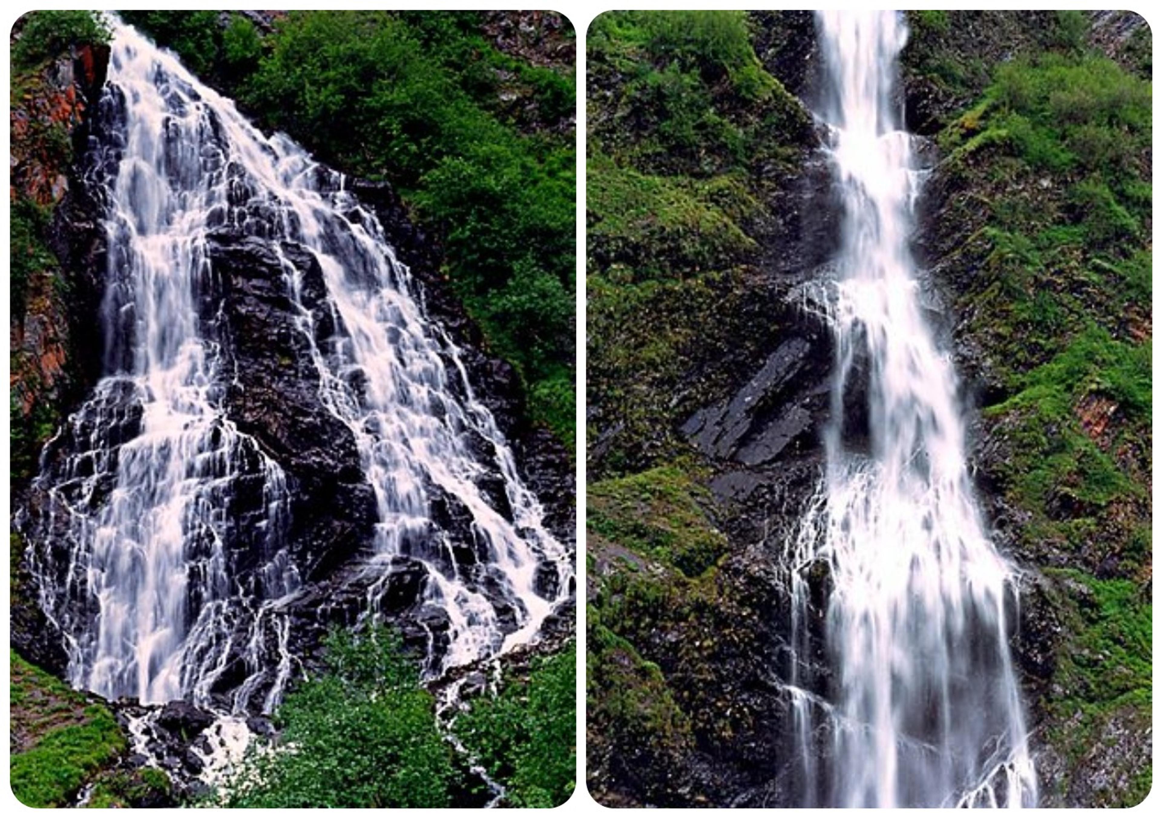 Horsetail Falls (left) and Bridal Vail Falls in Alaska's Keystone Canyon/Wikimedia Commons photos by Ron Clausen