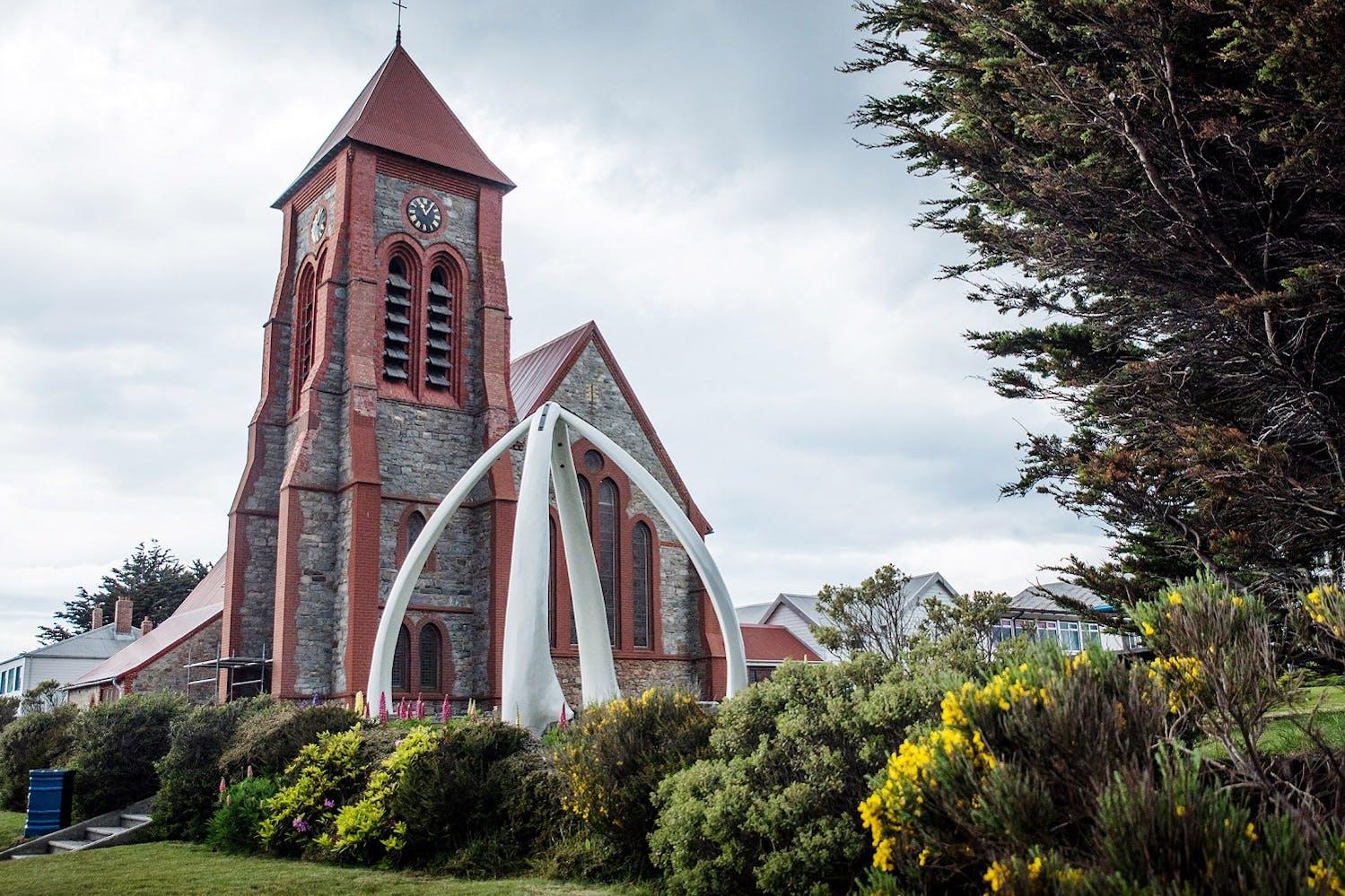 Whale bones can be seen outside Stanley's Christ Church Cathedral./Denis Elterman