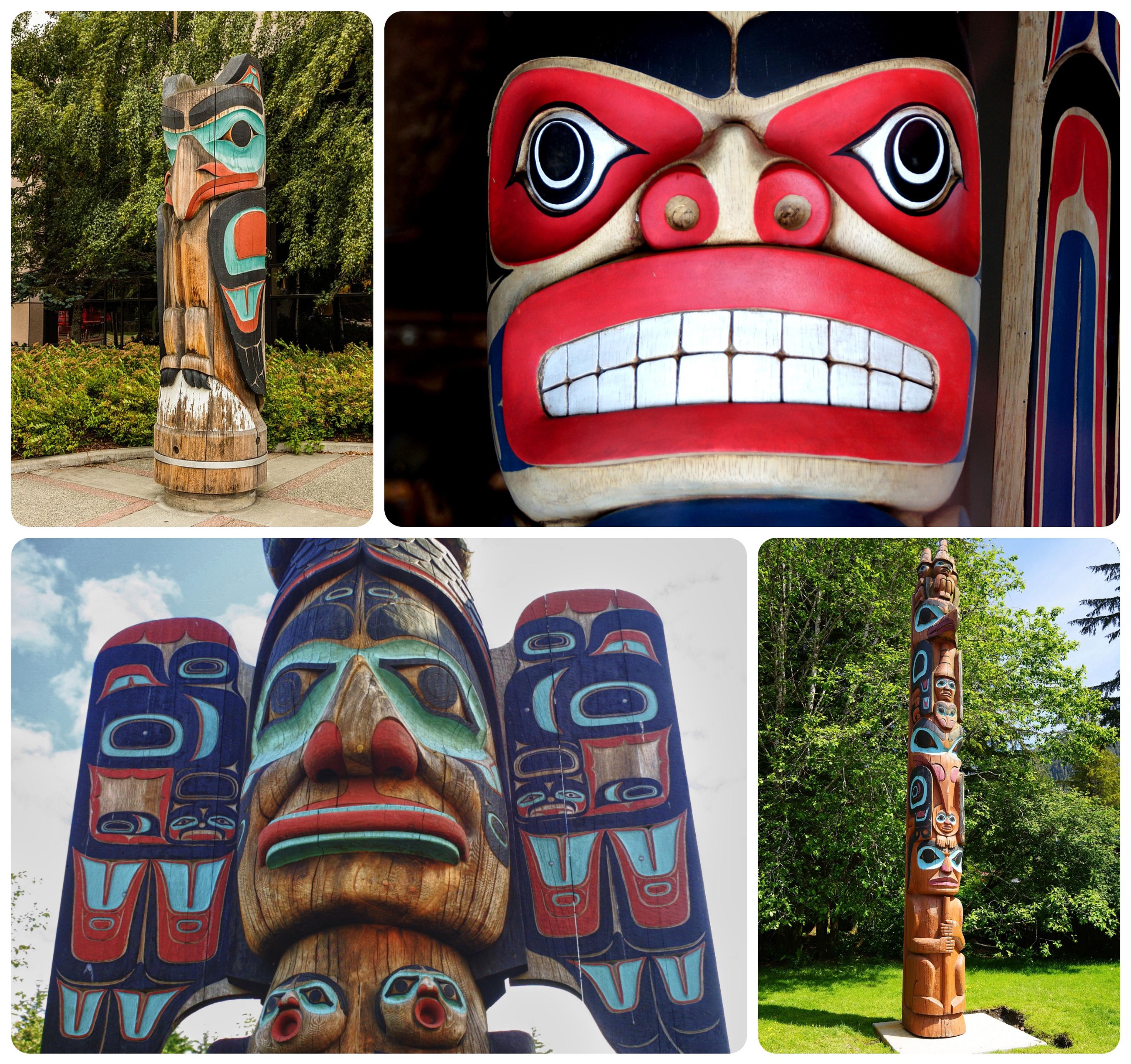 You'll find totems throughout Alaska and the Pacific North. Clockwise from upper left: Anchorage, Wikimedia Commons photo by Diego Delso; Skagway, Wikimedia Commons photo by Bernard Spragg. NZ; Ketchikan, Wikimedia Commons photo by Richard N Horne; and Ketchikan, photo by Getty Images.