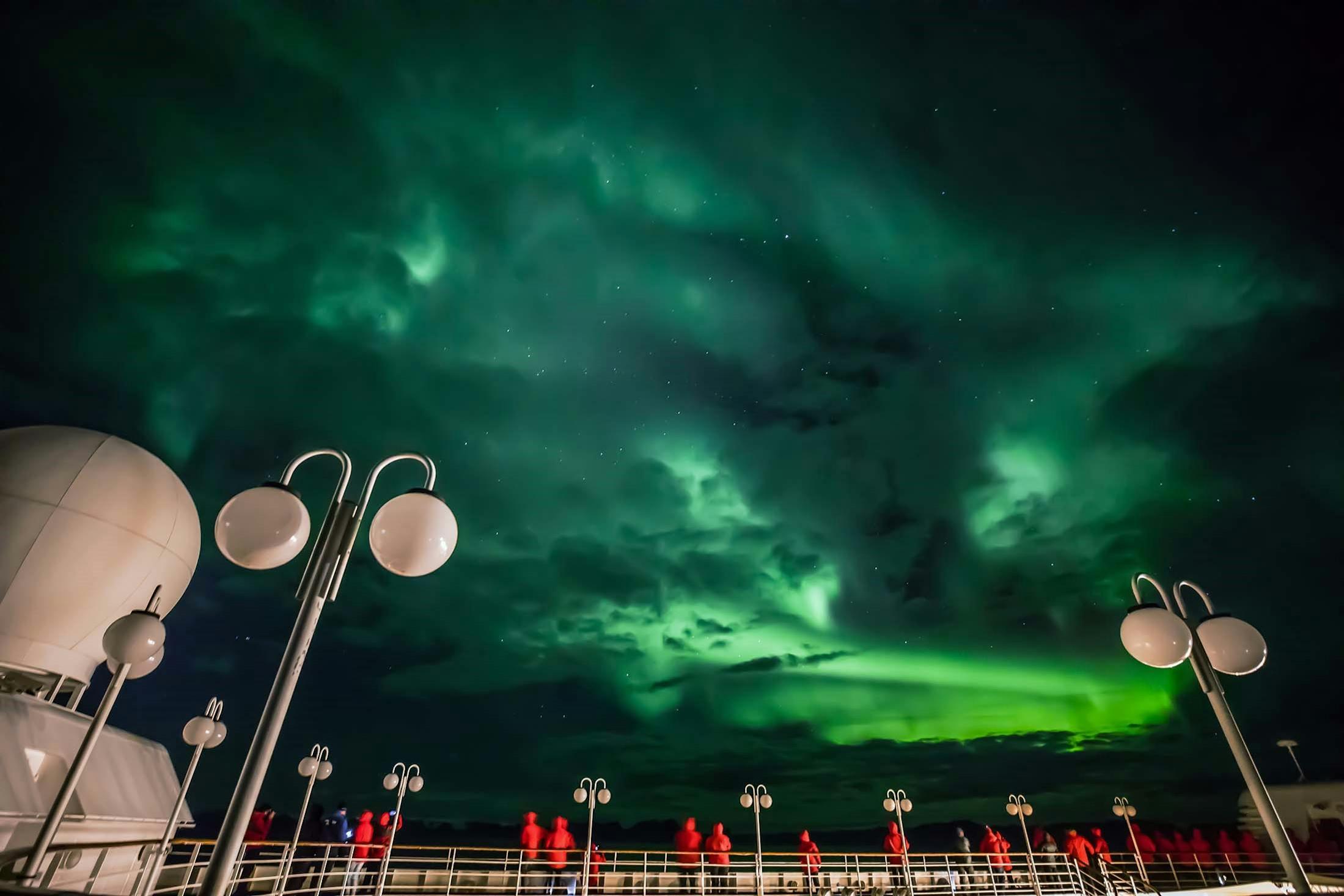The aurora borealis from the expedition cruise ship, Silver Cloud, off Greenland/Lacey Dawson