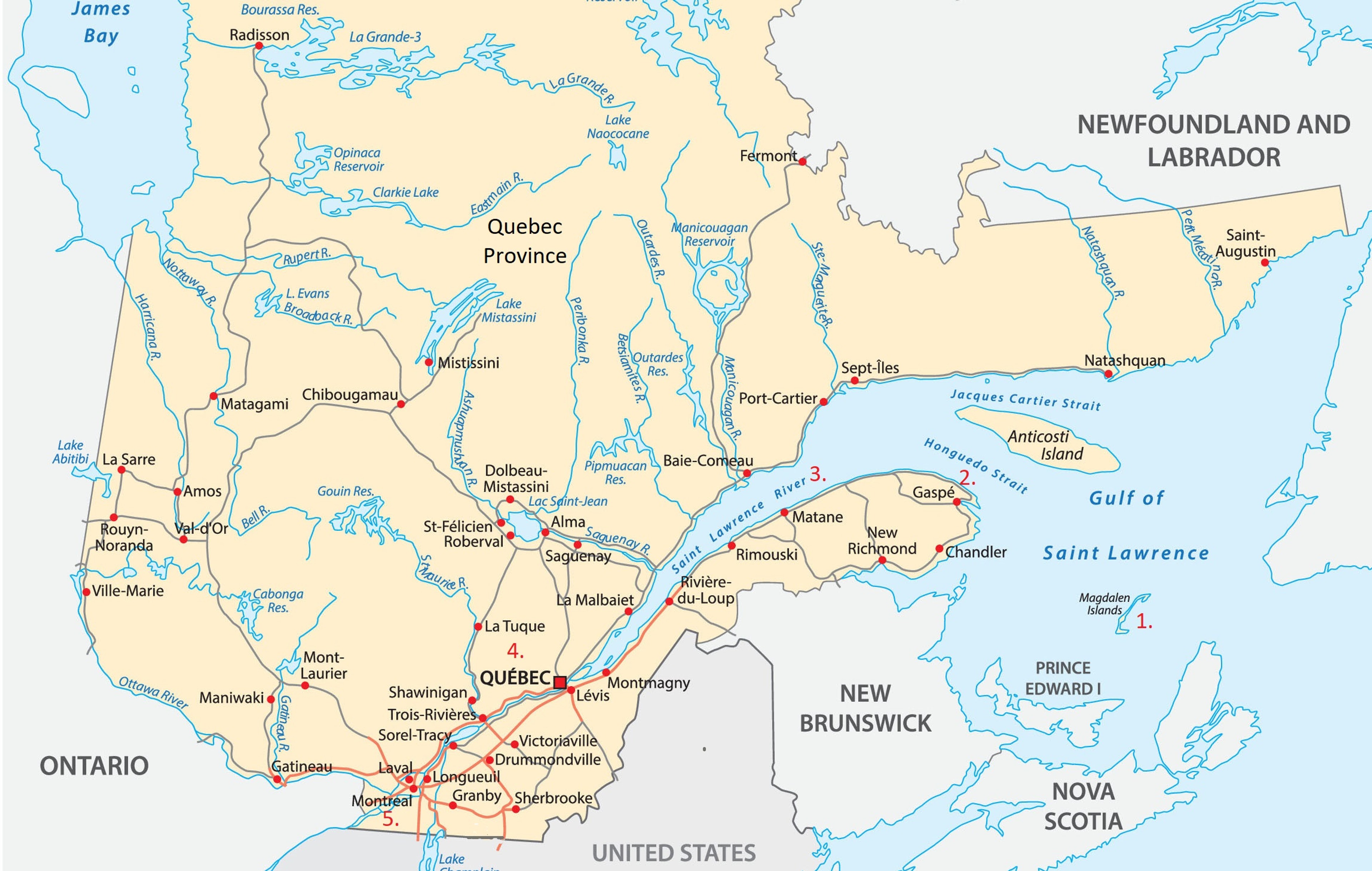 From right to left: 1. IÎles de la Madeleine (Magdalen Islands) 2. Gaspé 3. St. Lawrence River 4. Quebec City 5. Montreal./Shutterstock